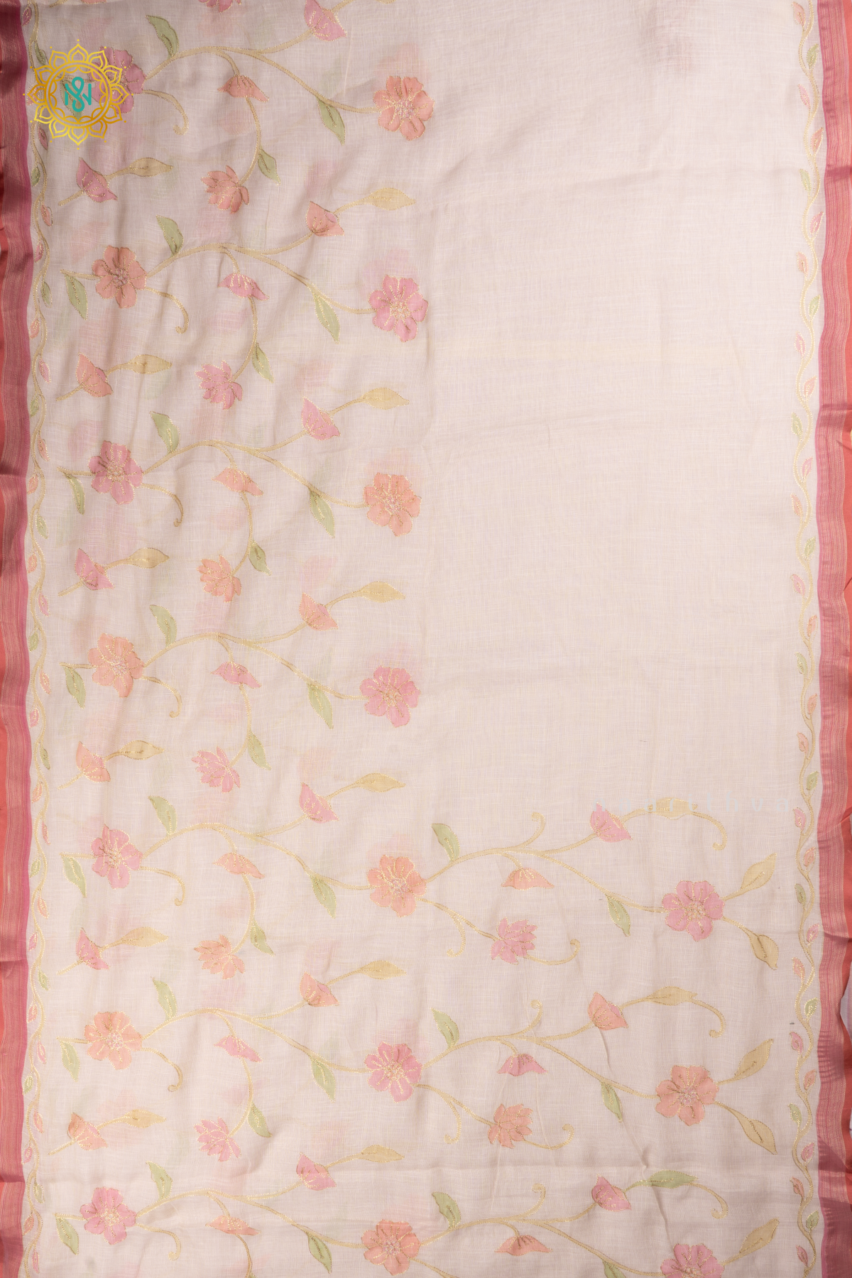 Off White With Peach Linen Tissue Saree with Aari Floral Work and Tissue Border