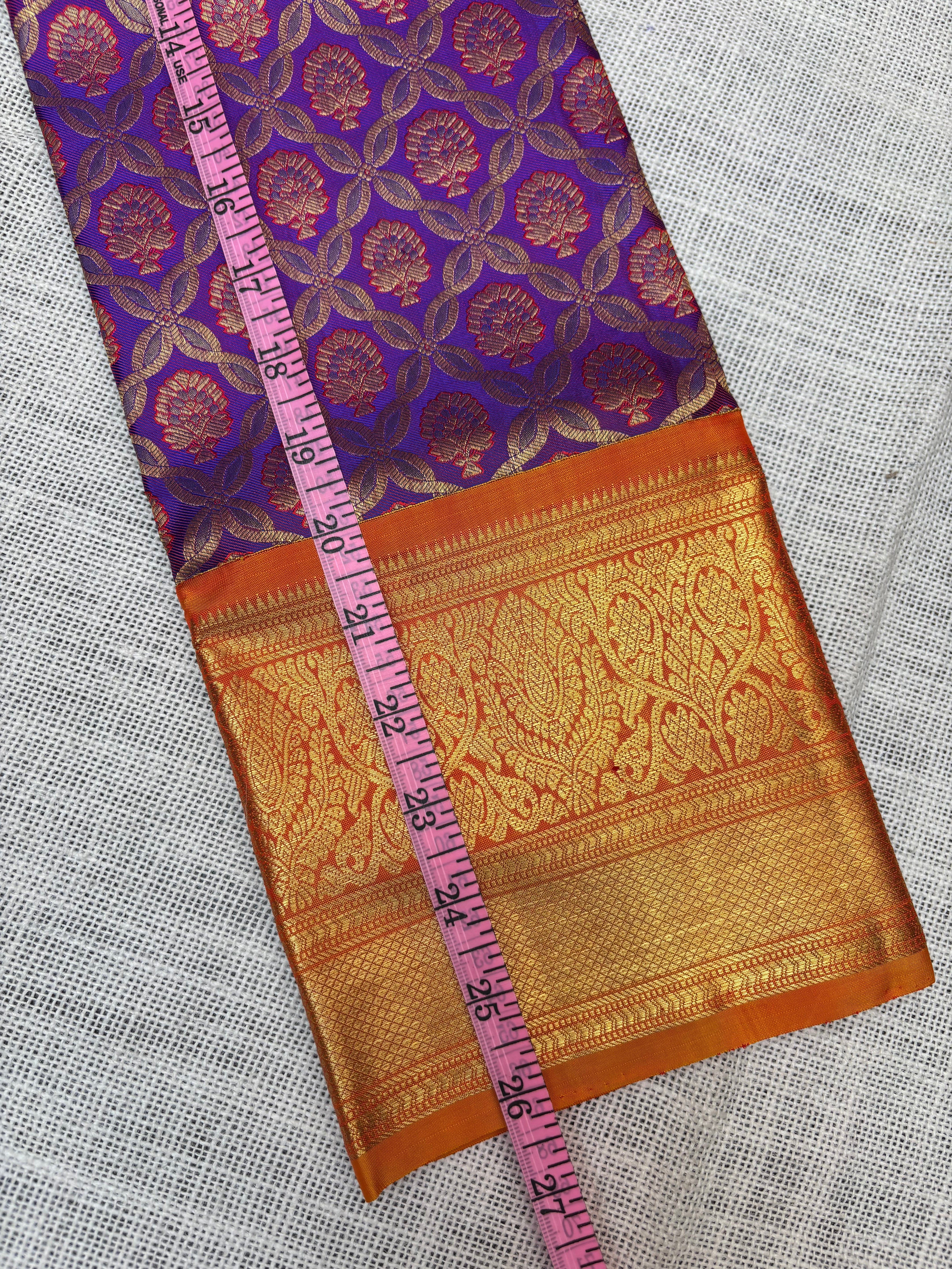 Purple with Orange Pure Kanjivaram Silk Unstitched Kids’ Lehenga Fabric with All-Over Zari Brocade and Zari Border