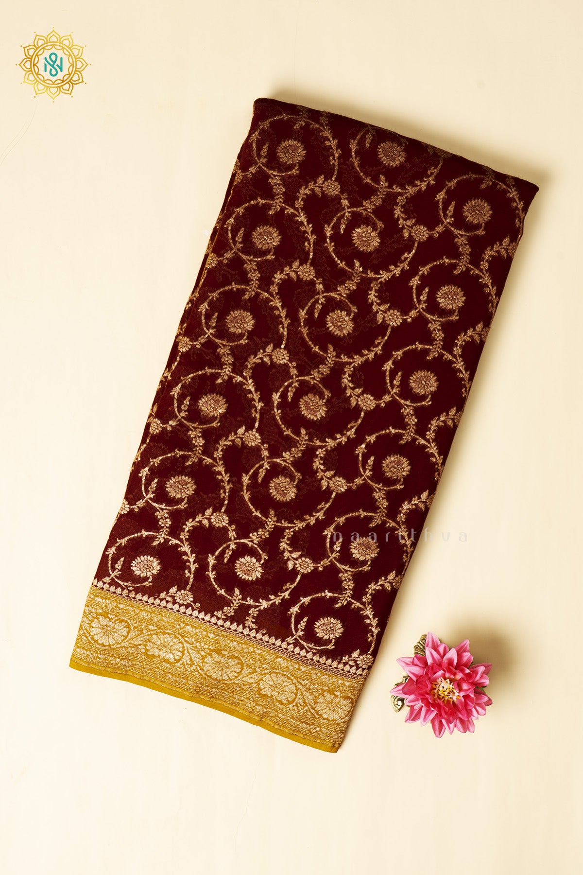 Maroon With Mustard Pure Banarasi Khaddi Georgette Allover Antique Zari Brocade Weaves On The Body With Contrast Zari Border & Pallu