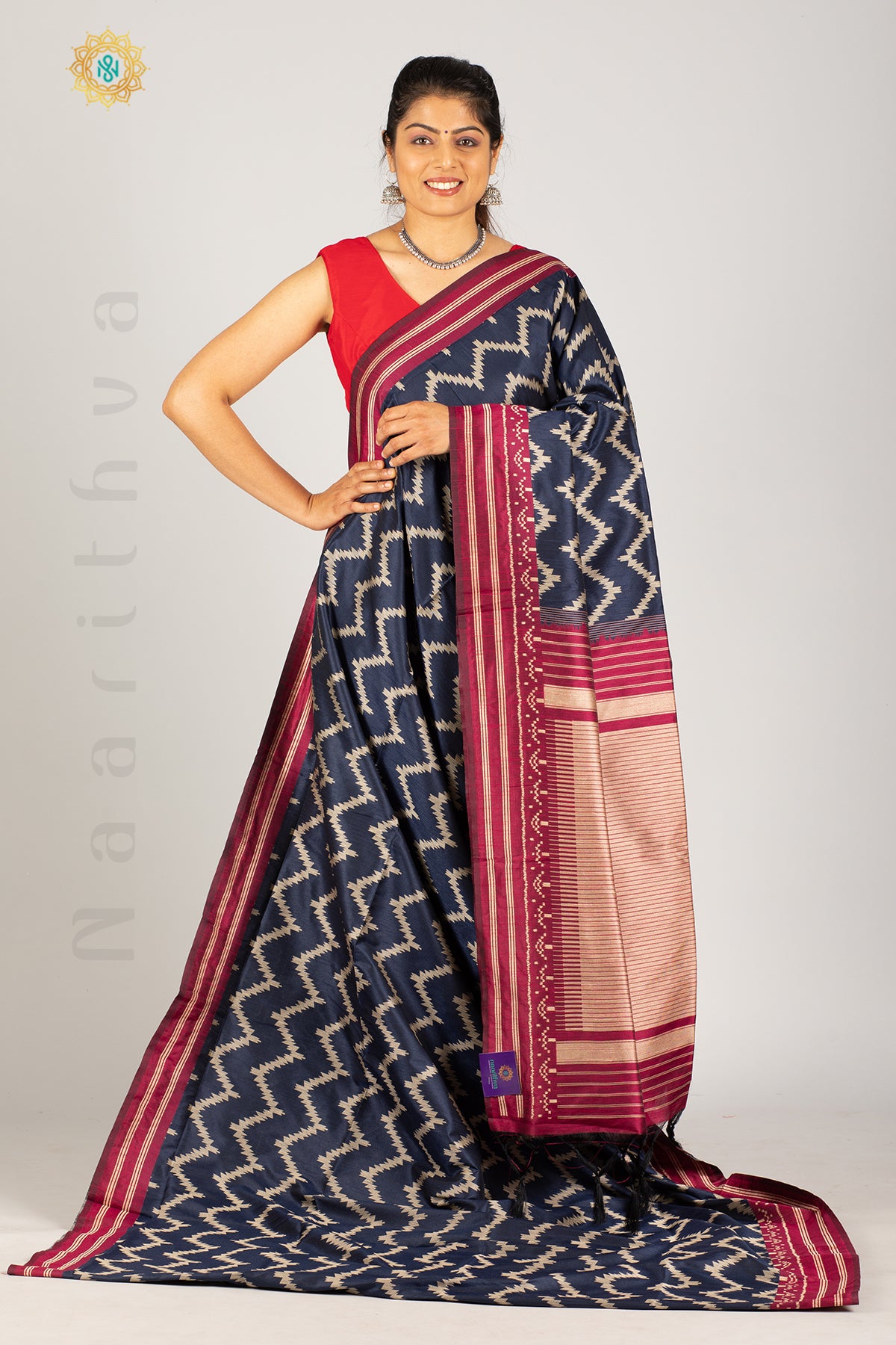 NAVY BLUE WITH MAGENTA - SEMI RAW SILK WITH THREAD WOVEN IKAT WEAVES & CONTRAST BORDER