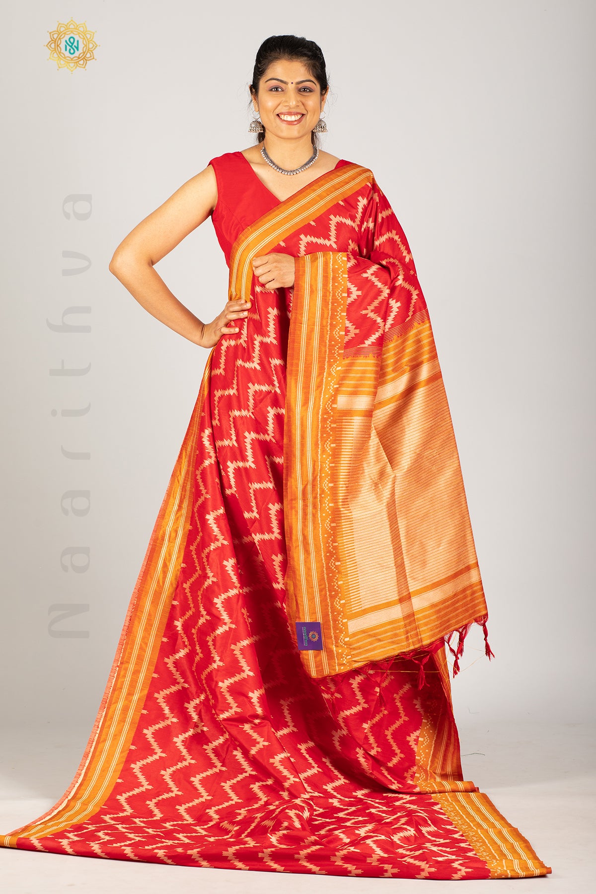 RED WITH YELLOW - SEMI RAW SILK WITH THREAD WOVEN IKAT WEAVES & CONTRAST BORDER