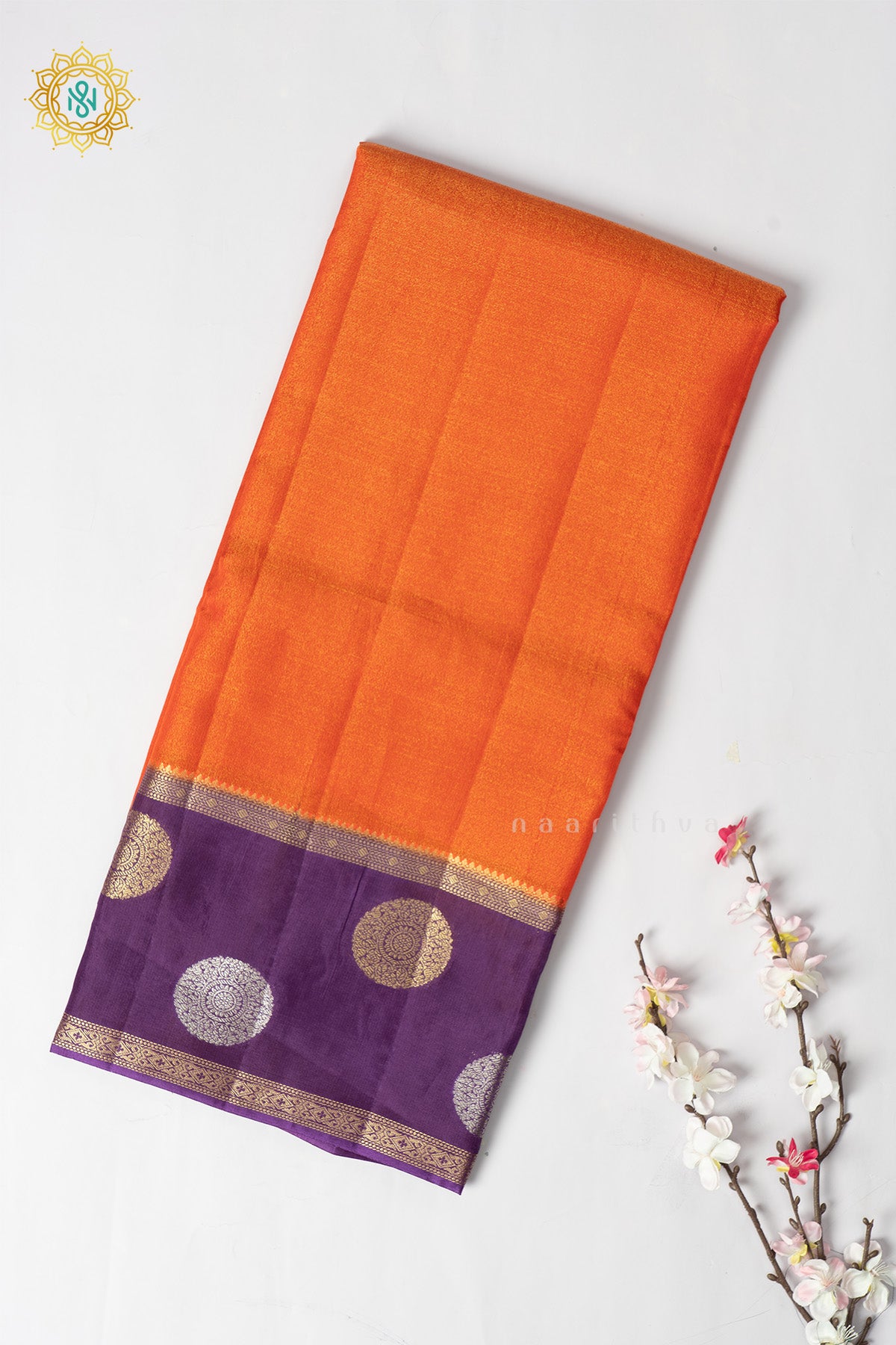 Orange with Purple Semi Crepe Silk Saree with Tissue Body and Zari Gap Border, Pallu