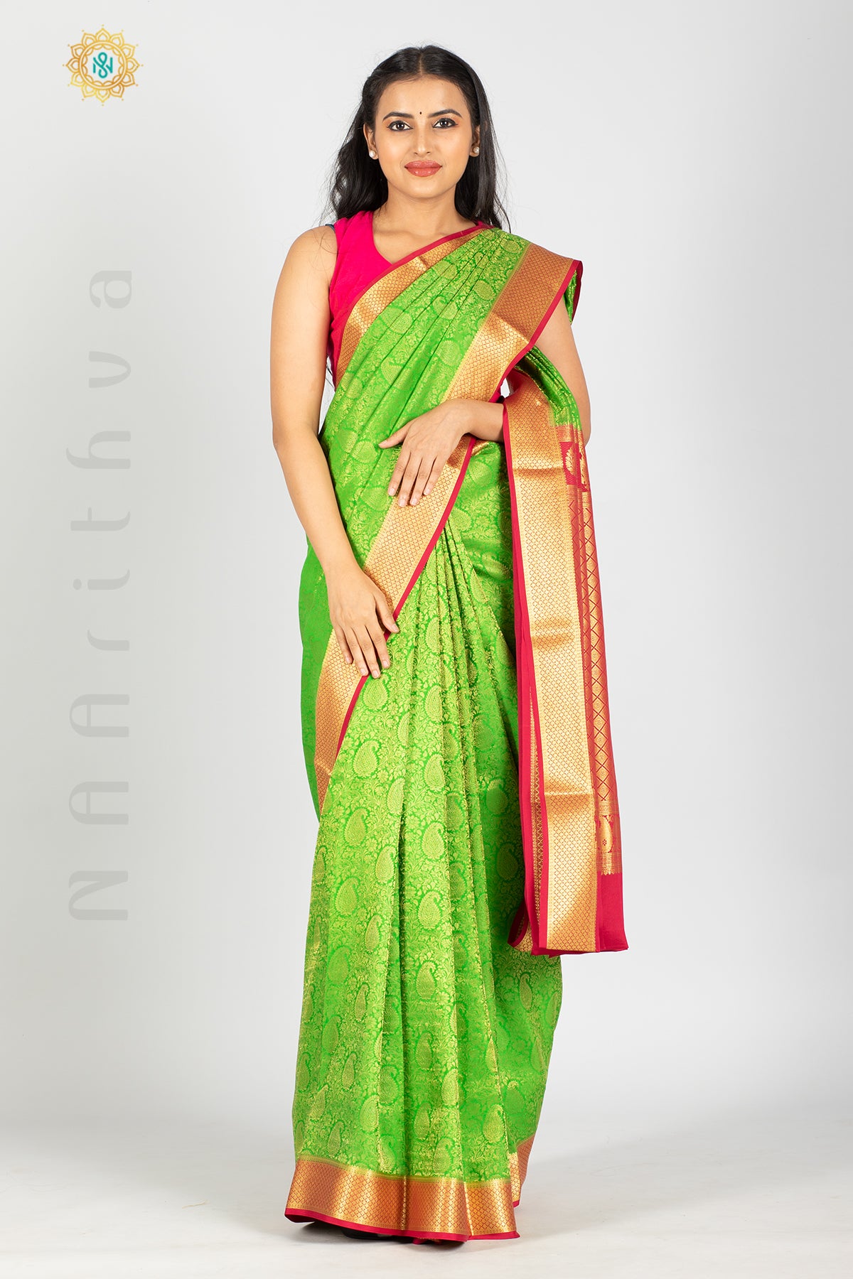 GREEN WITH PINK - PURE MYSORE CREPE SILK WITH ALLOVER BROCADE ZARI WEAVES WITH CONTRAST BORDER