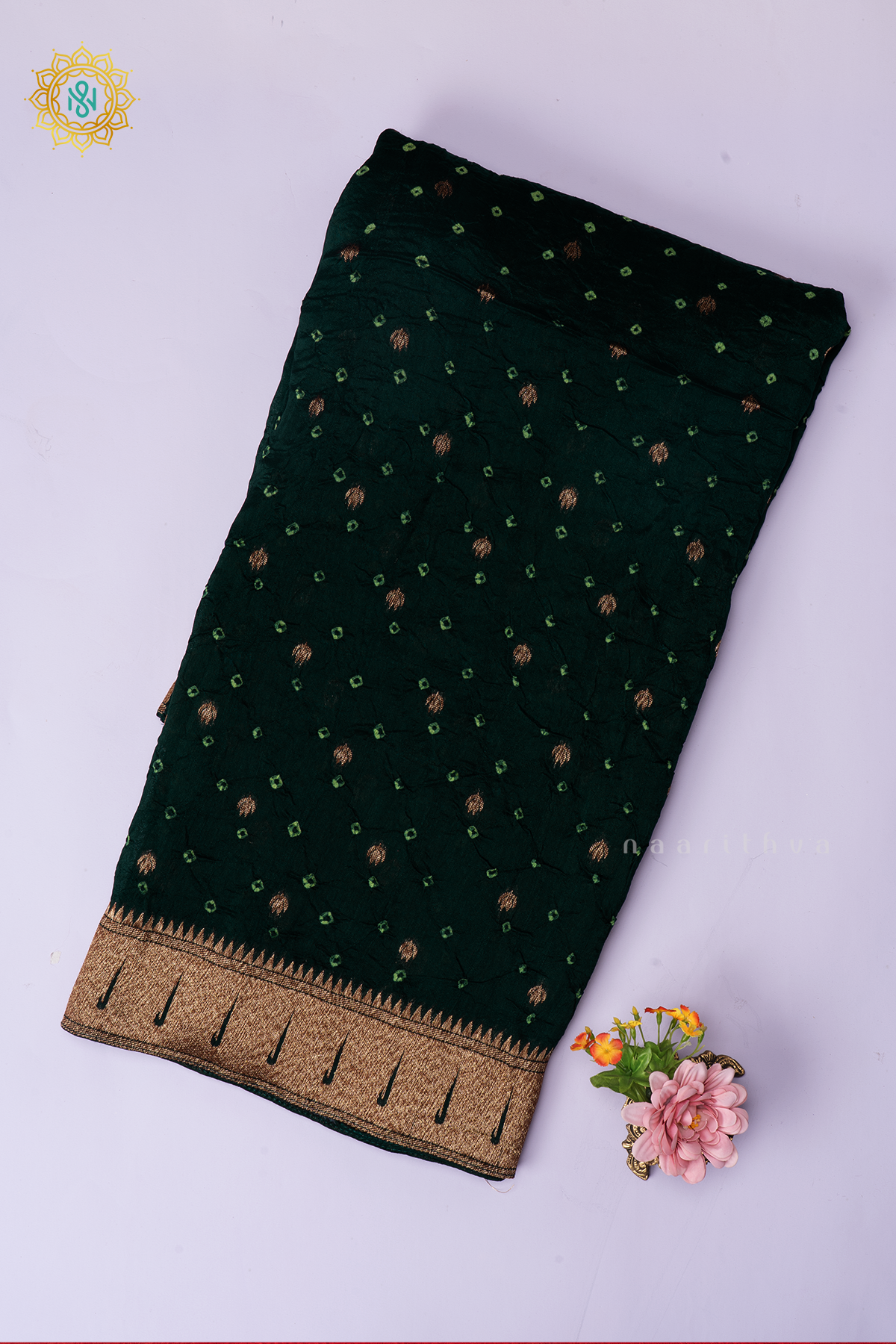 Bottle Green Semi Tussar Silk Saree With Tie and Dye Bandini