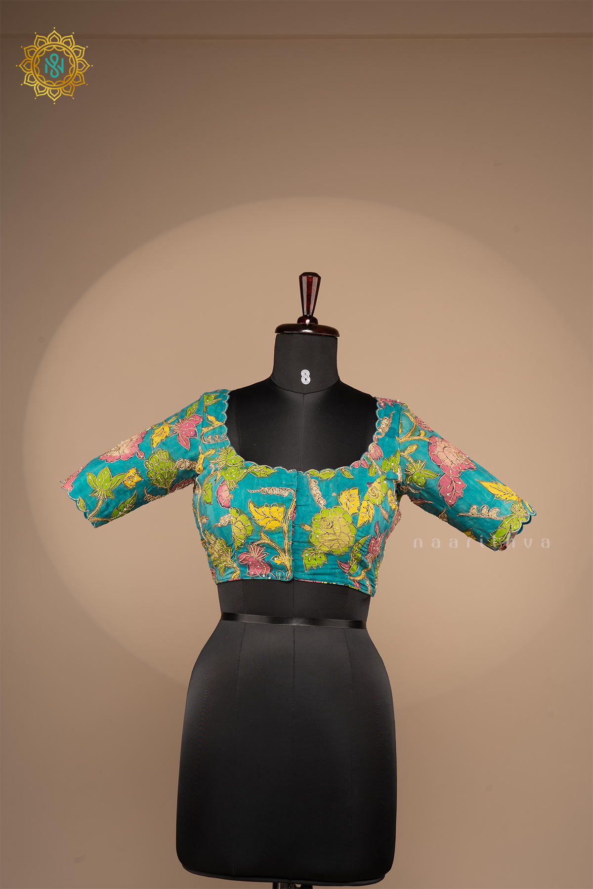 AQUA BLUE - PURE SILK WITH HAND PAINTED PEN KALAMKARI READYMADE BLOUSE