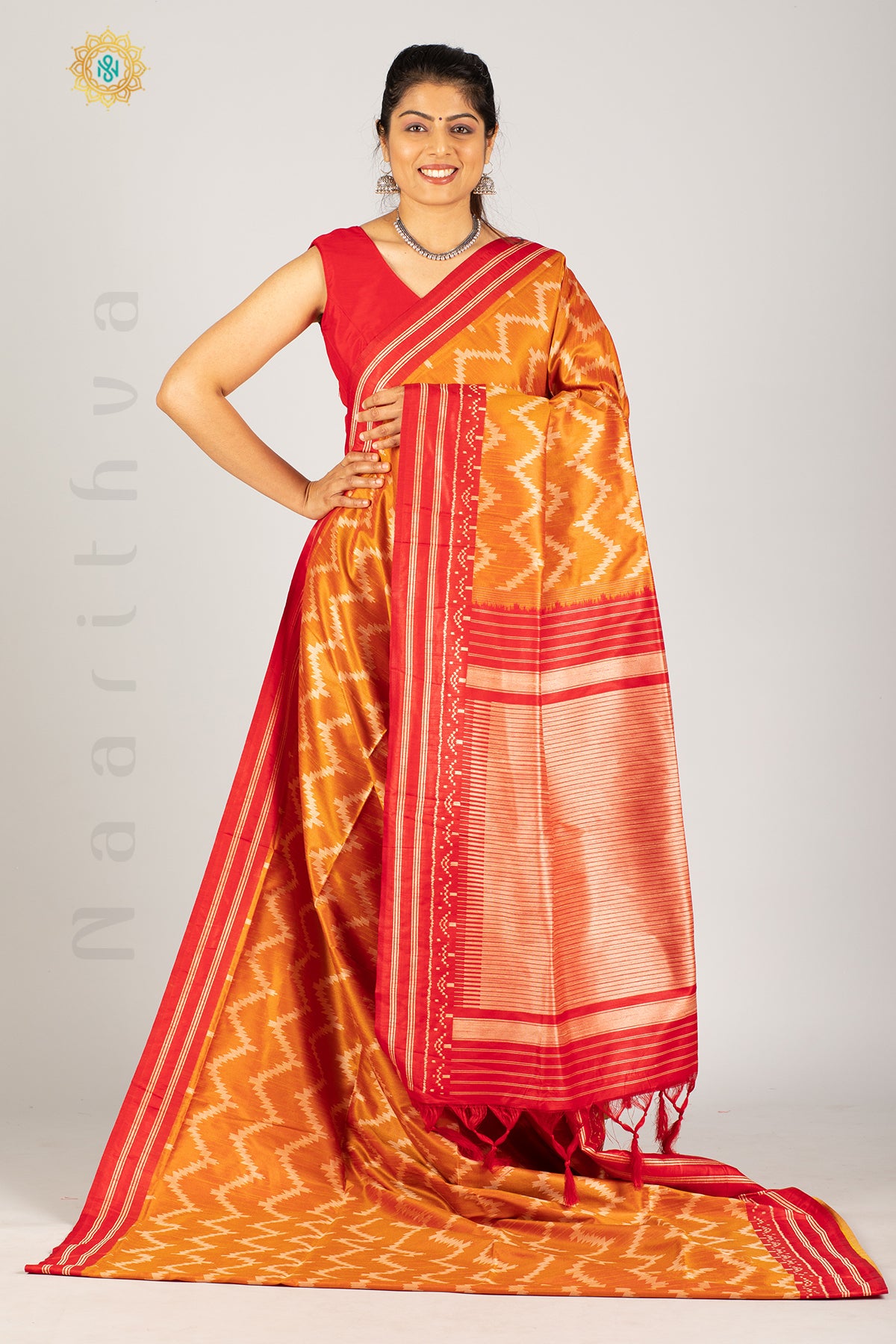 MUSTARD WITH RED - SEMI RAW SILK WITH THREAD WOVEN IKAT WEAVES & CONTRAST BORDER