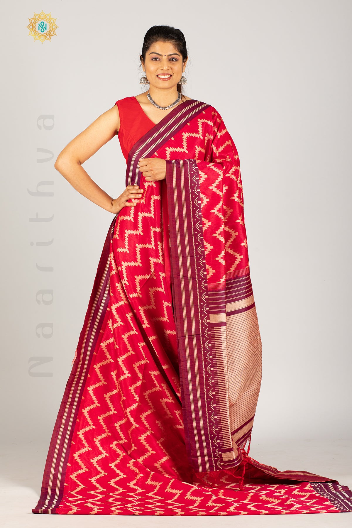 REDDISH PINK WITH MAGENTA - SEMI RAW SILK WITH THREAD WOVEN IKAT WEAVES & CONTRAST BORDER