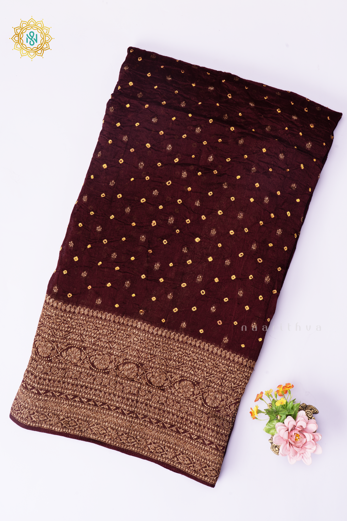 Brown Semi Tussar Silk Saree With Tie and Dye Bandini