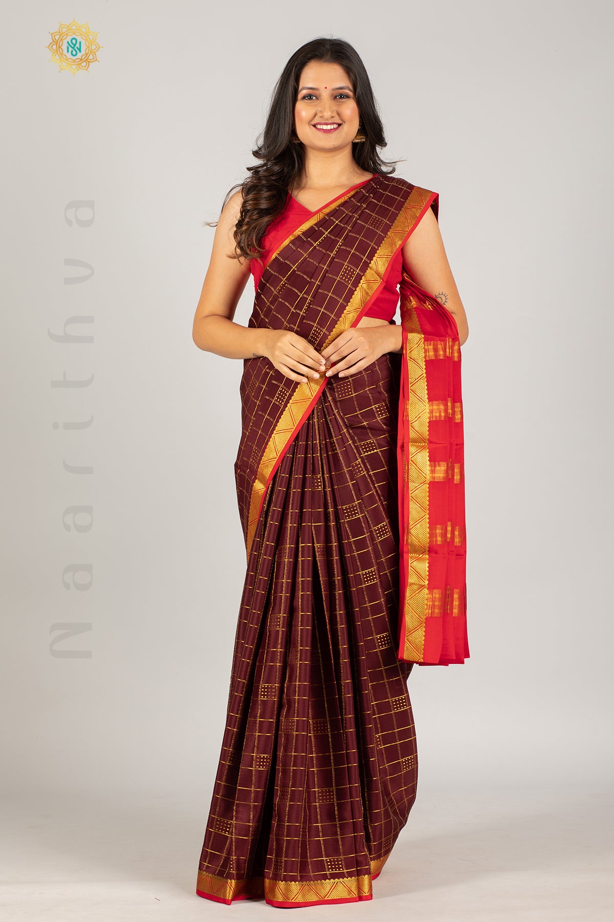 BROWN WITH RED - MYSORE CREPE SILK WITH CHECKS PATTERN