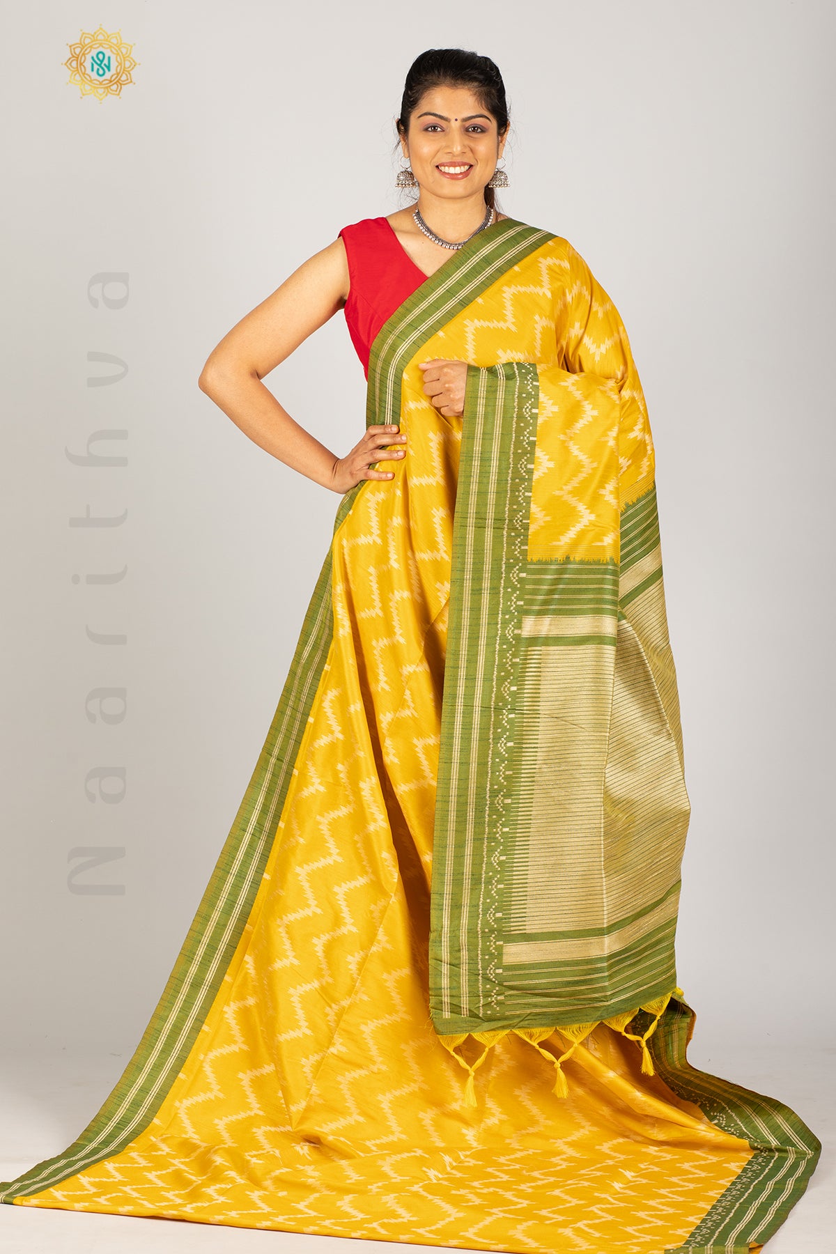 YELLOW WITH GREEN - SEMI RAW SILK WITH THREAD WOVEN IKAT WEAVES & CONTRAST BORDER