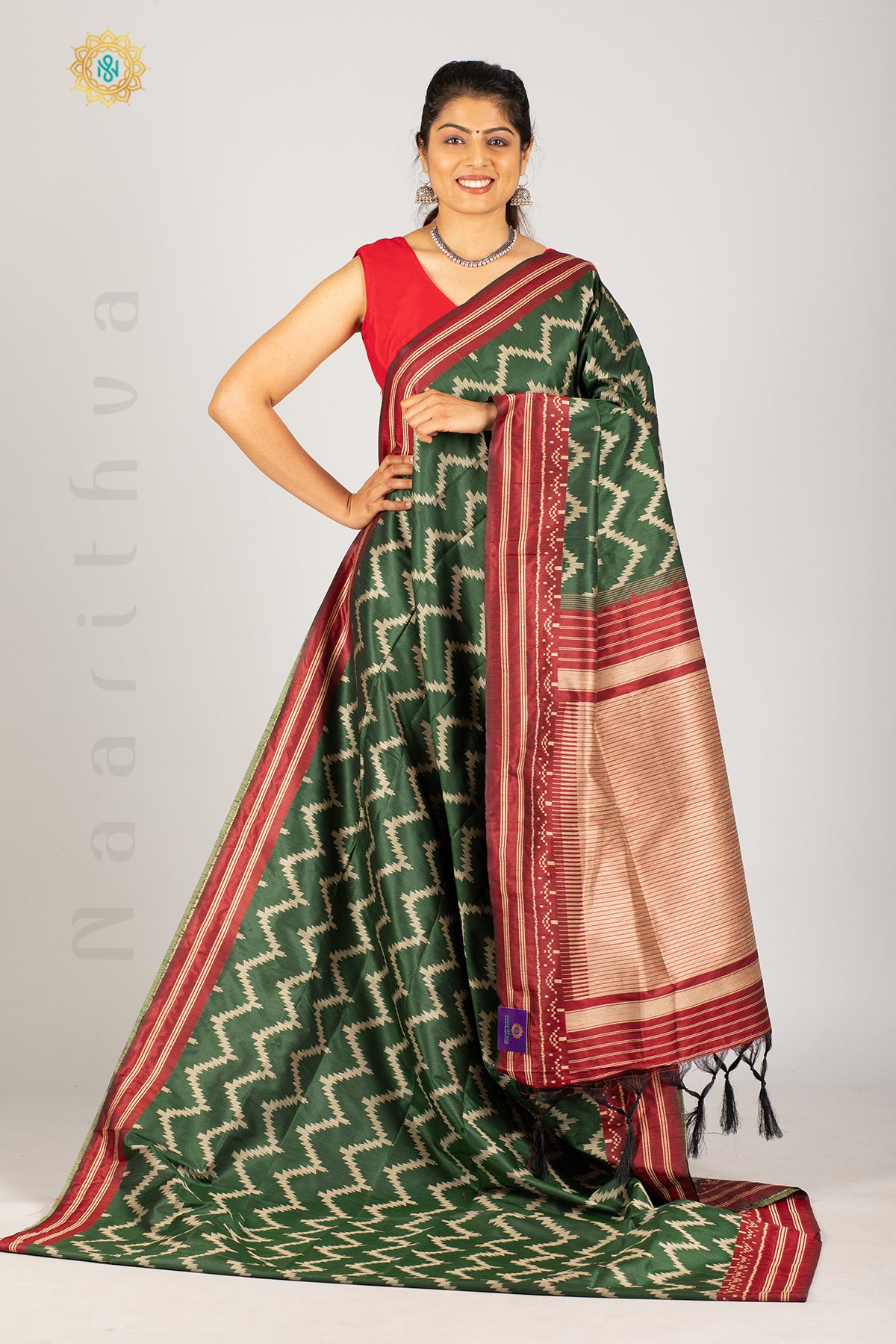 GREEN WITH MAROON - SEMI RAW SILK WITH THREAD WOVEN IKAT WEAVES & CONTRAST BORDER