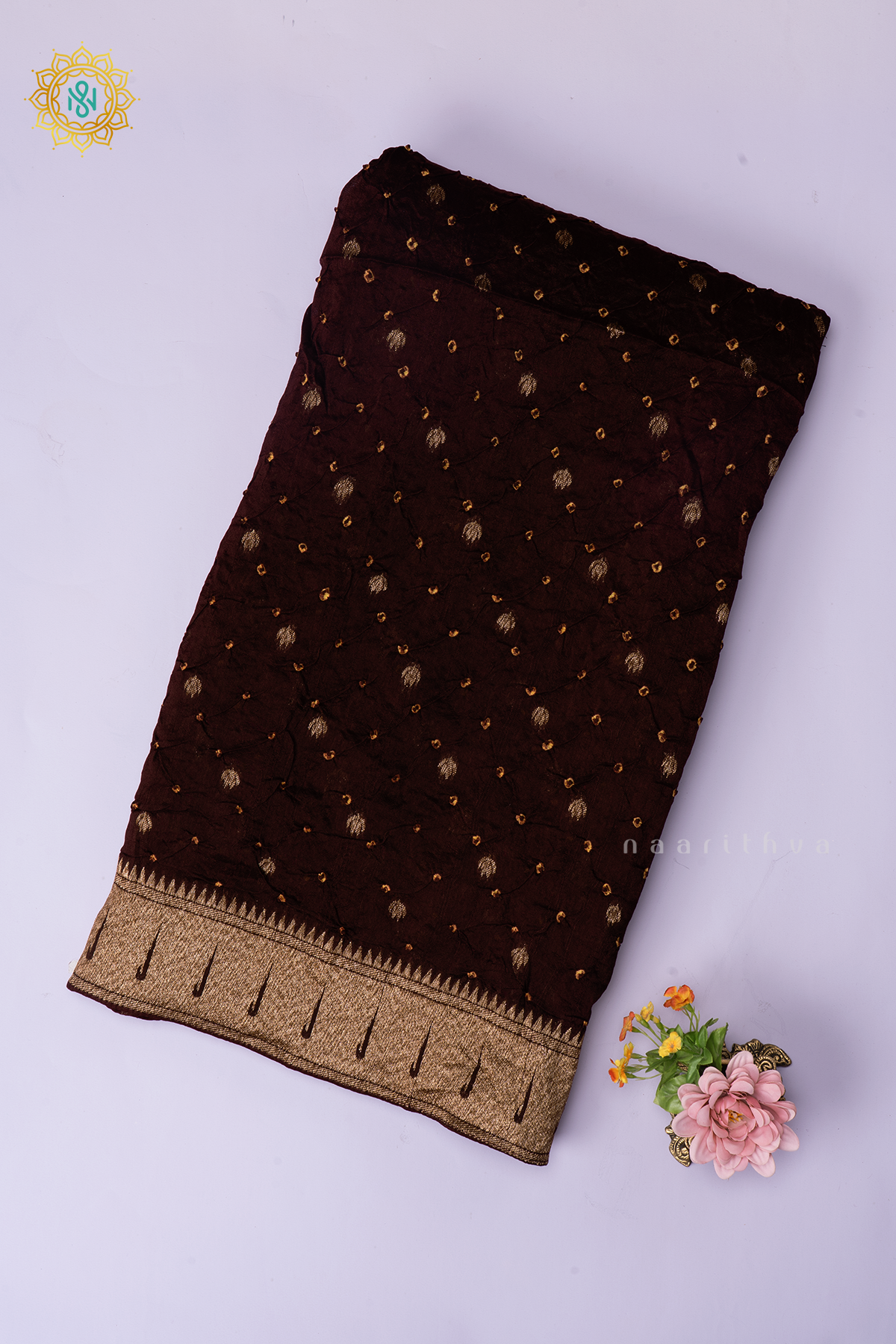 Brown Semi Tussar Silk Saree With Tie and Dye Bandini