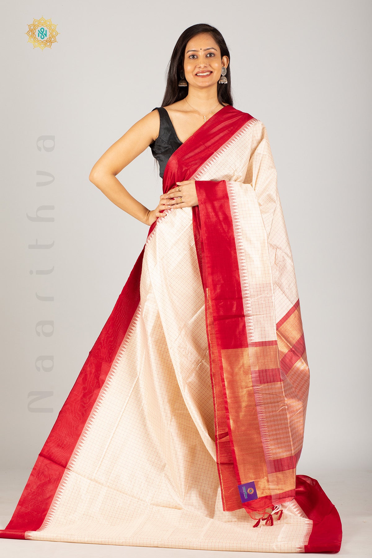 OFF WHITE WITH RED - SEMI RAW SILK WITH ZARI WEAVING & CONTRAST TEMPLE BORDER