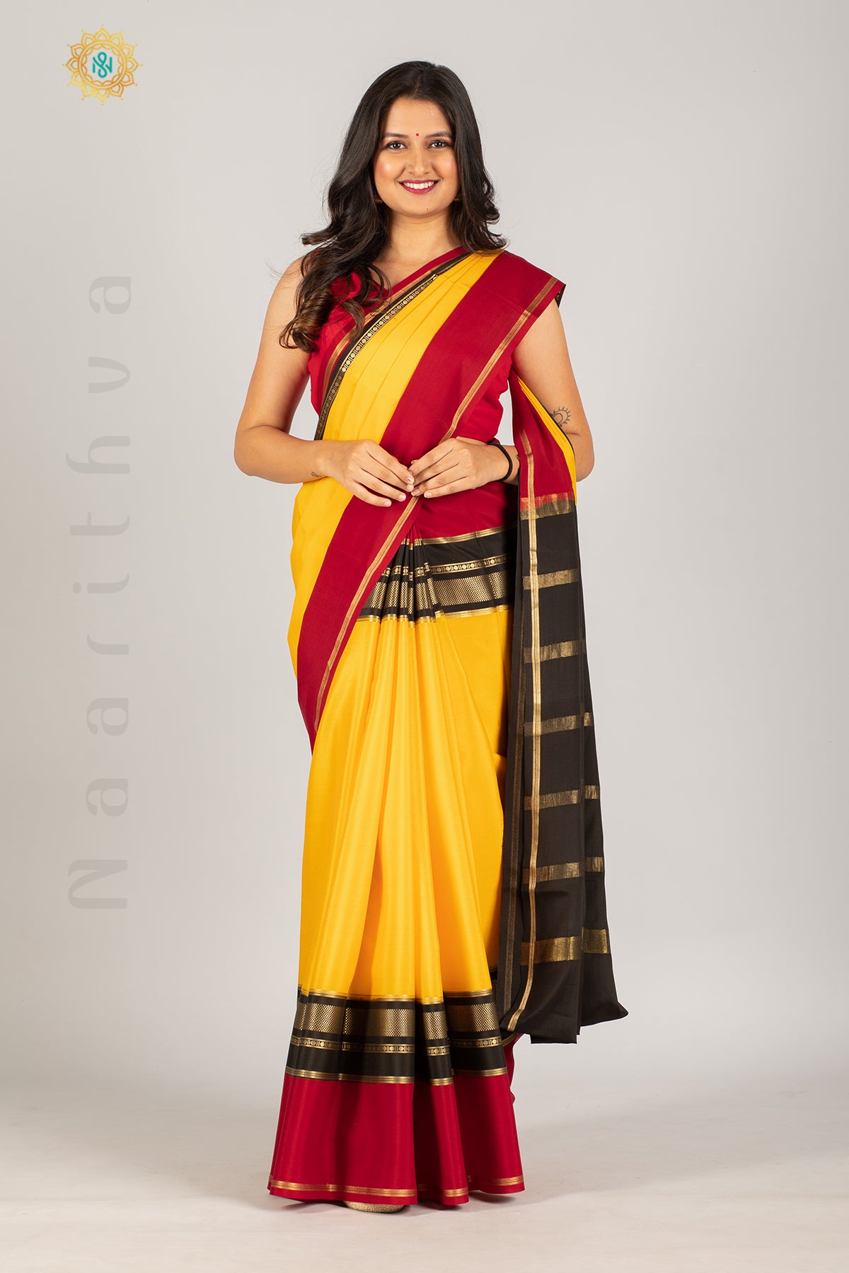 YELLOW BLACK WITH MAROON - PURE MYSORE CREPE SILK IN 3 D PATTERN