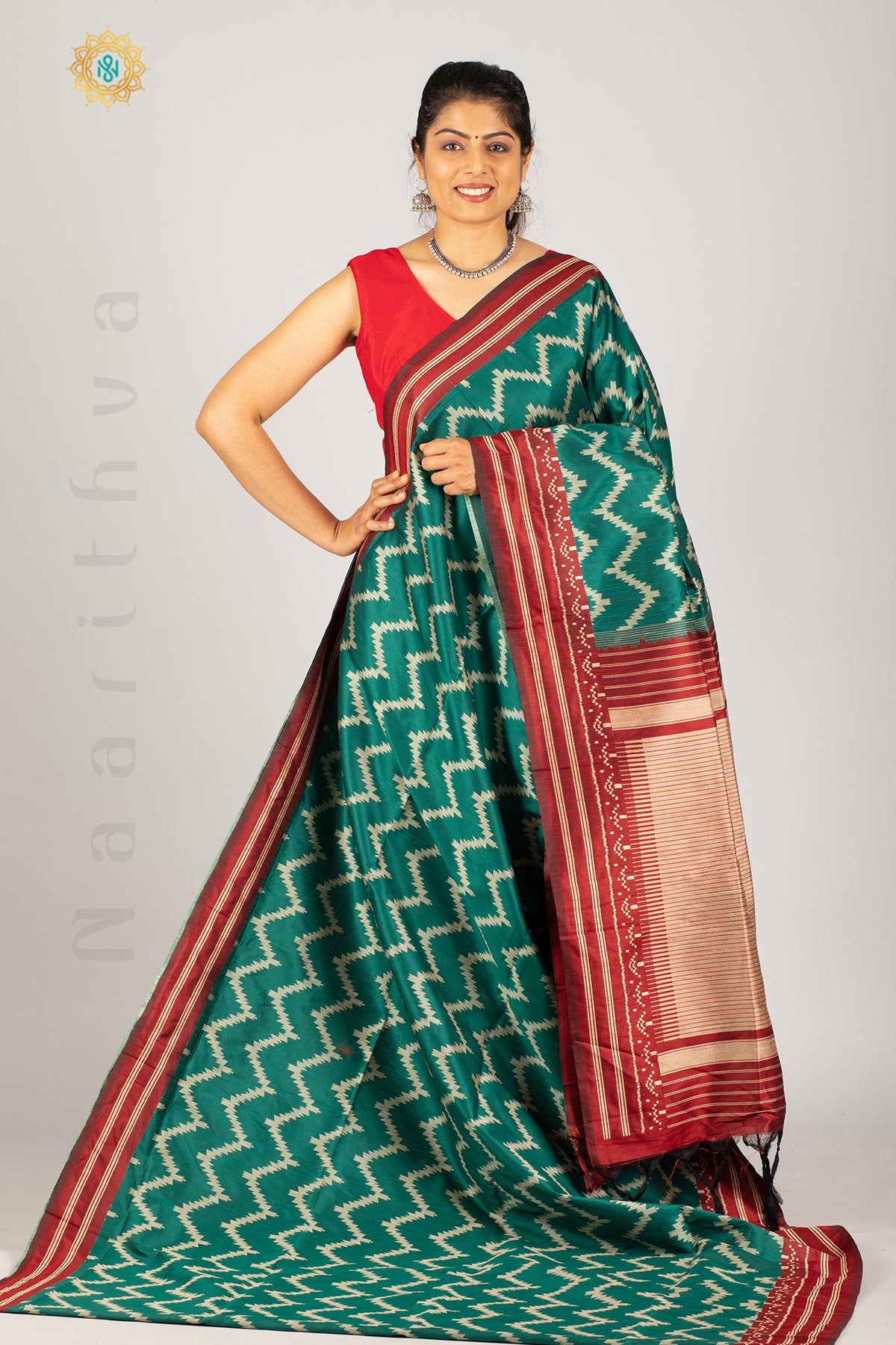 GREEN WITH MAROON - SEMI RAW SILK WITH THREAD WOVEN IKAT WEAVES & CONTRAST BORDER