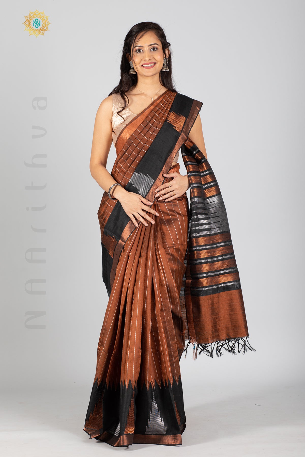 BRONZE WITH BLACK - PURE TUSSAR SILK WITH ZARI STRIPES ON THE BODY & TEMPLE BORDER