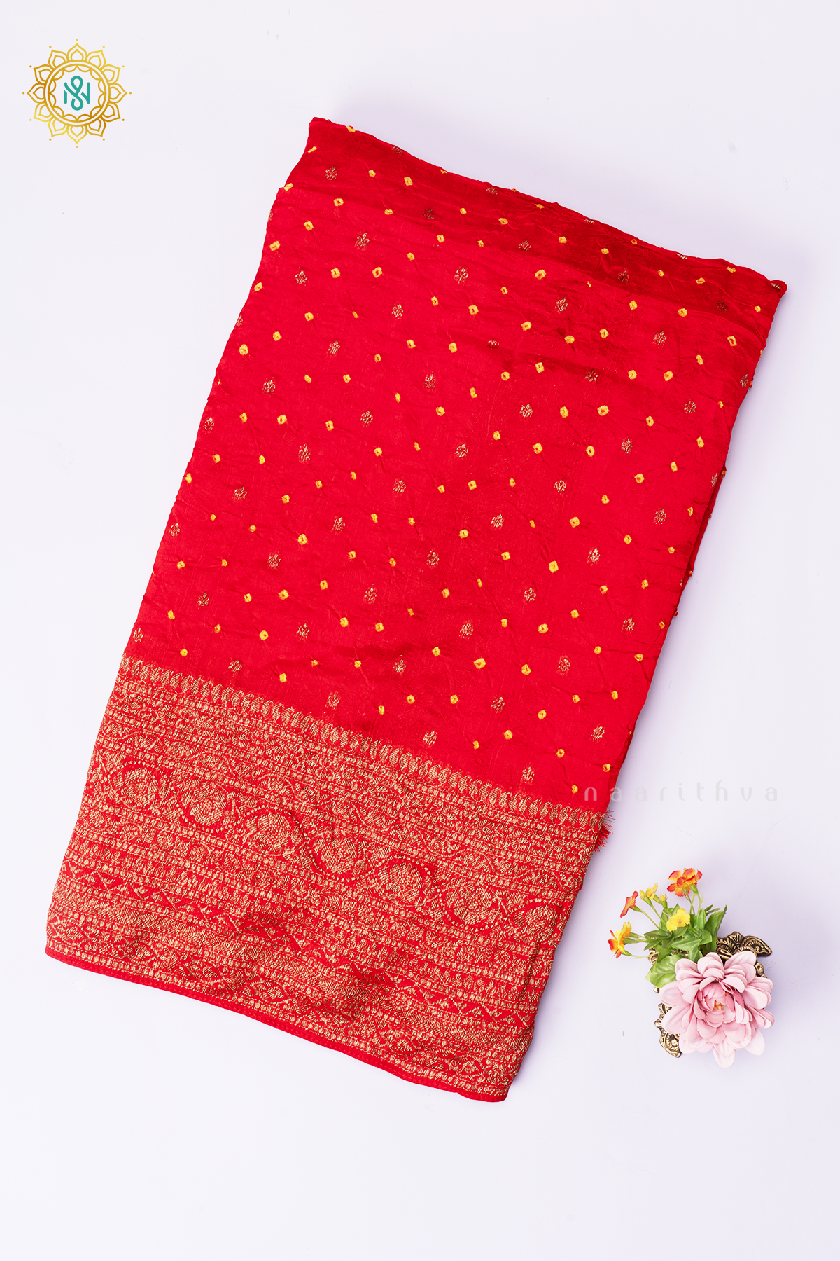 Red Semi Tussar Silk Saree With Tie and Dye Bandini