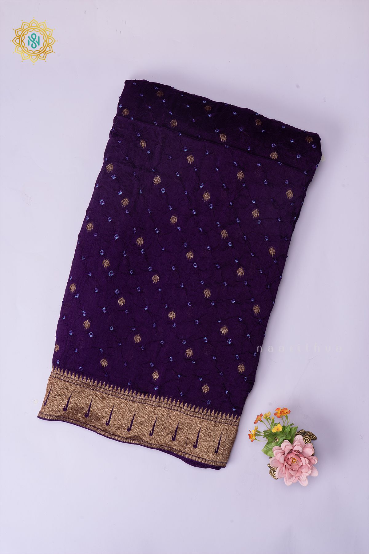 Purple Semi Tussar Silk Saree With Tie and Dye Bandini