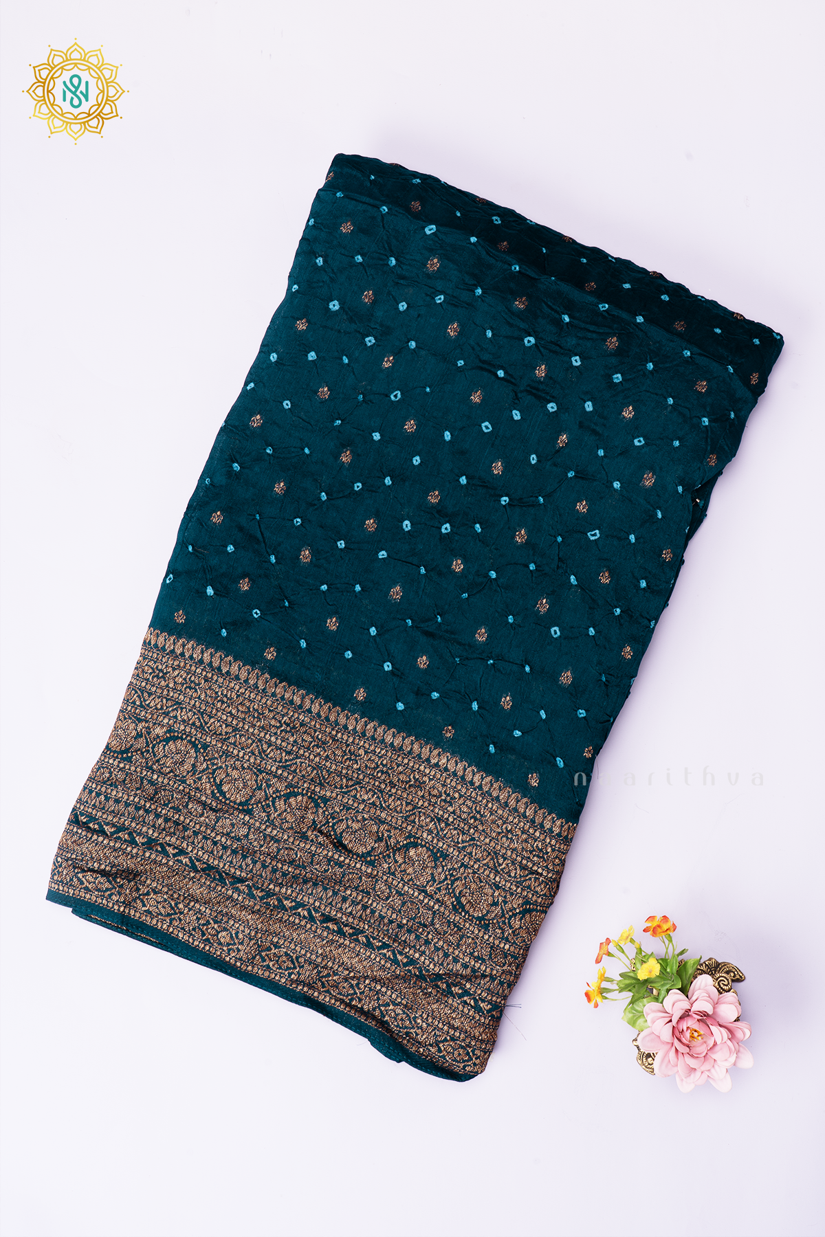 Peacock Blue Semi Tussar Silk Saree With Tie and Dye Bandini
