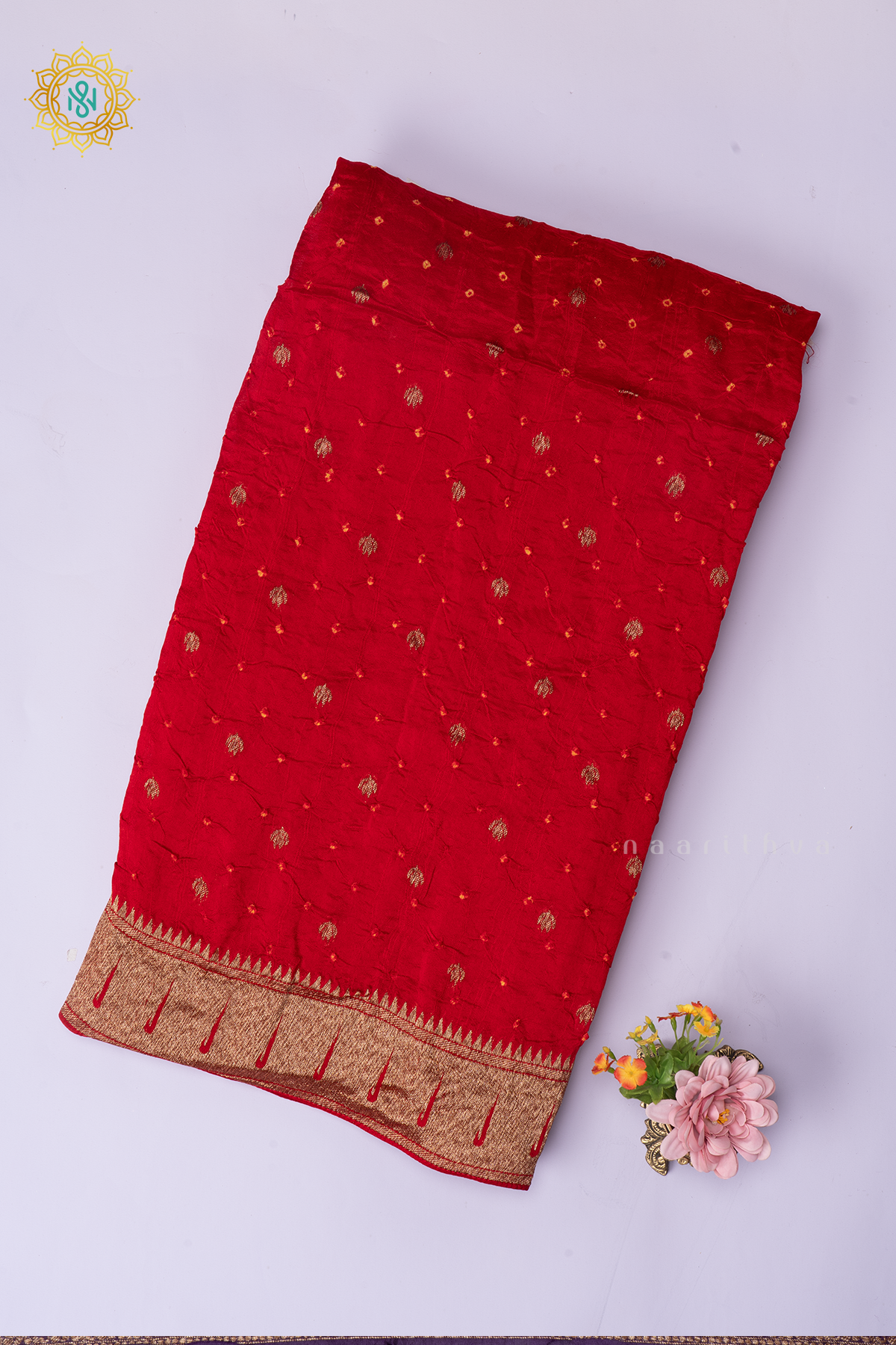 Red Semi Tussar Silk Saree With Tie and Dye Bandini