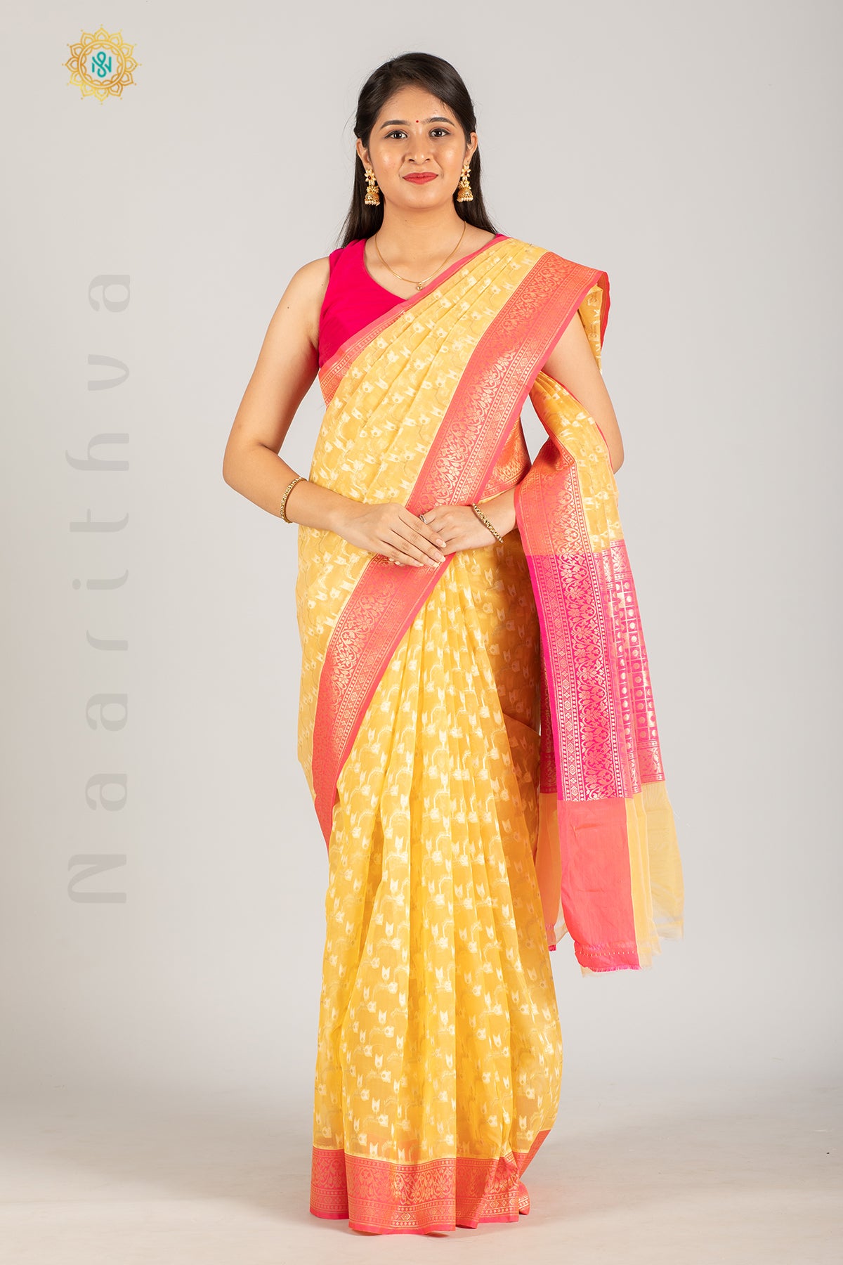 YELLOW WITH PINK - KORA ORANGZA WITH ZARI WEAVES ON THE BODY & CONTRAST BORDER