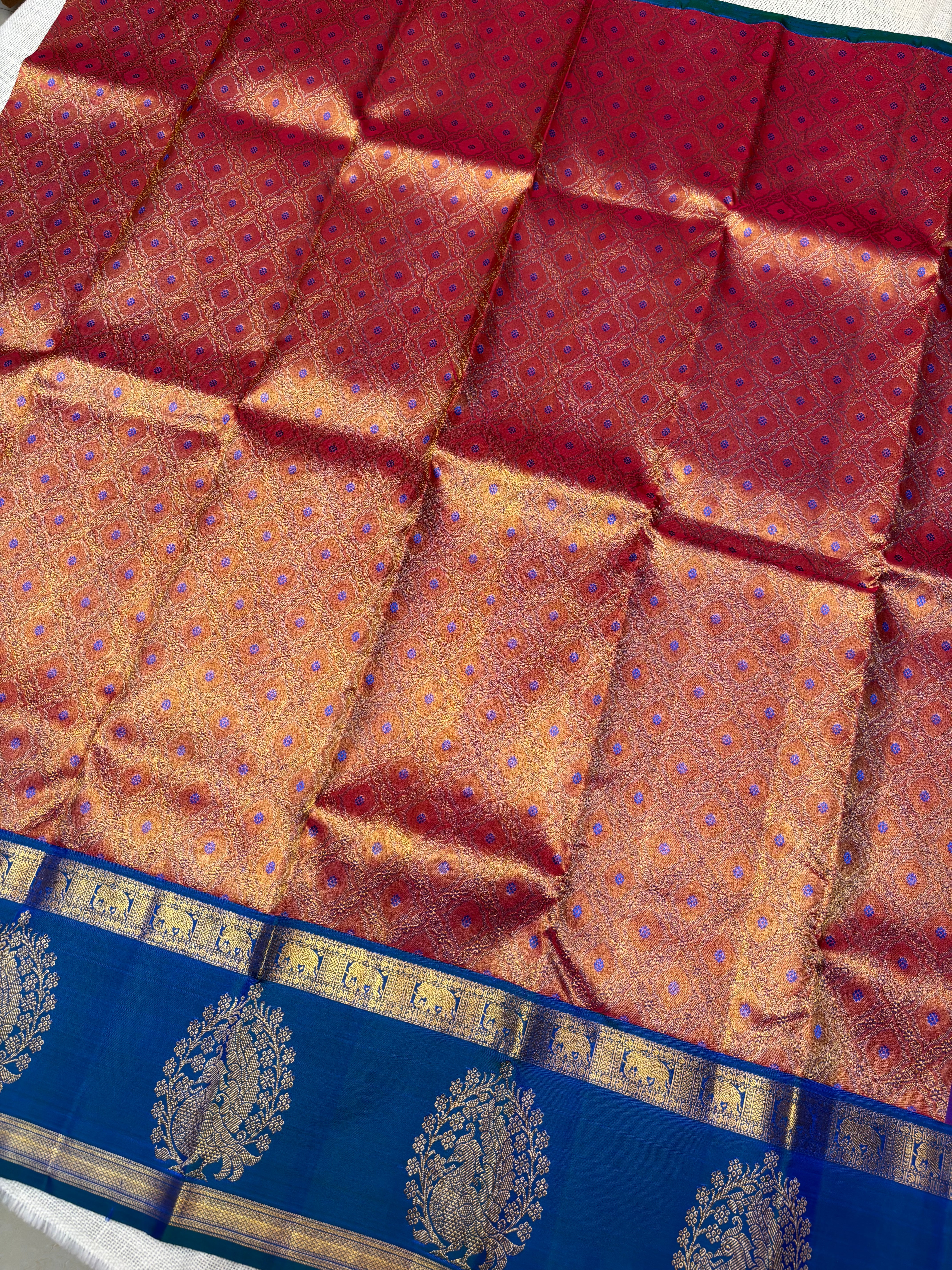 Dark Peach with Blue Pure Kanjivaram Silk Unstitched Kids’ Lehenga Fabric with All-Over Zari Brocade and Zari Border