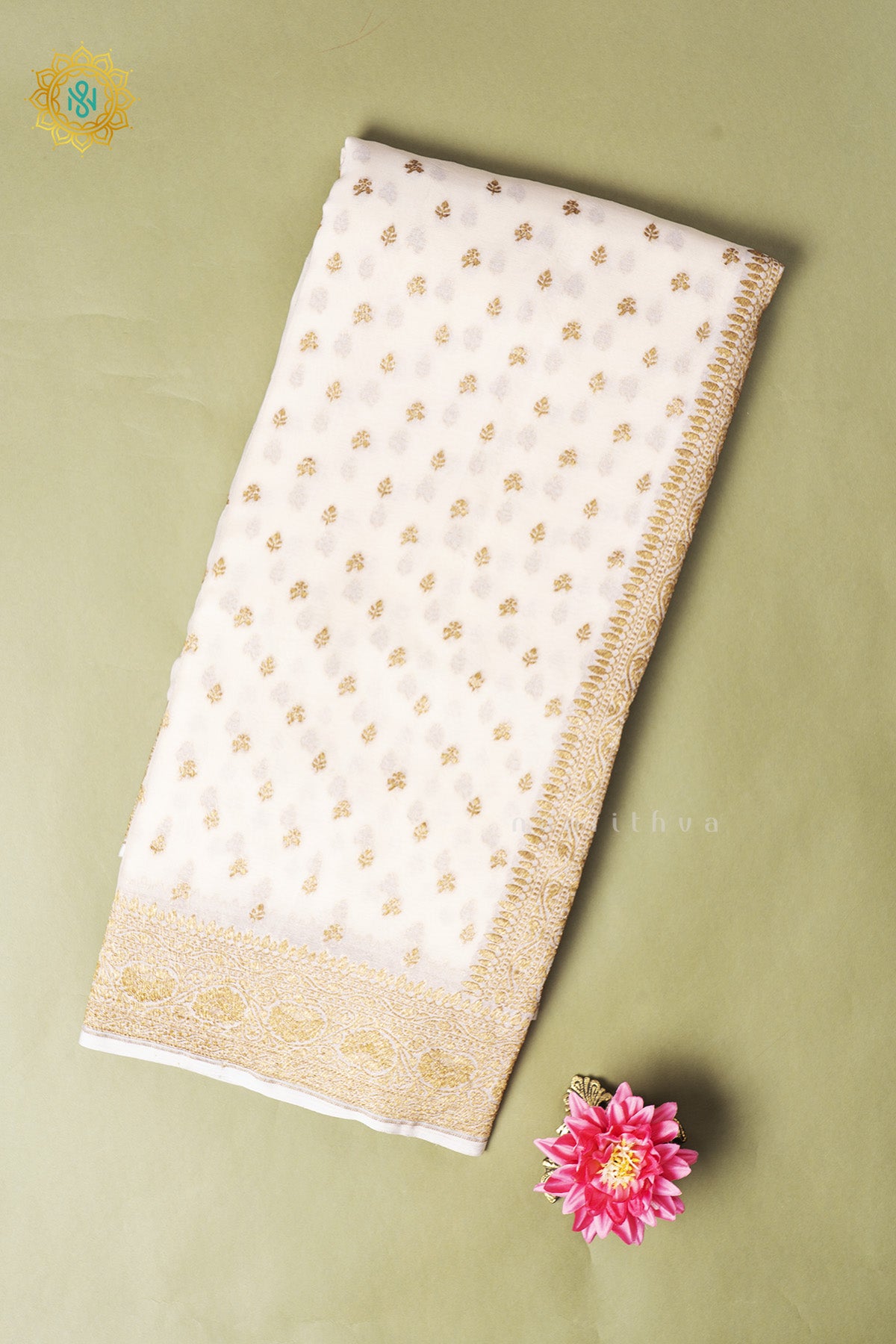 White Pure Banarasi Khaddi Georgette Allover Antique Zari Buttas On The Body With Zari Border & Pallu