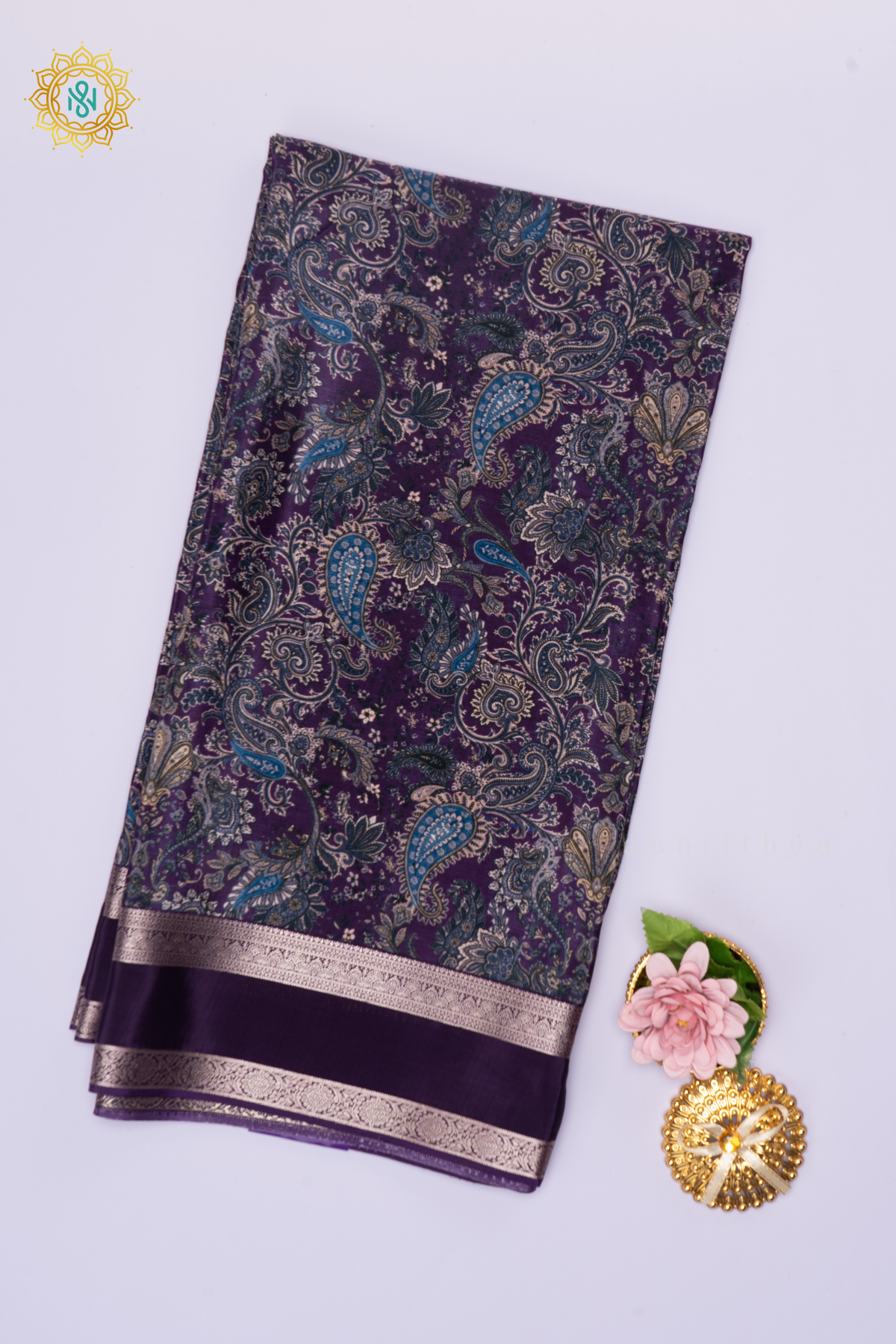 Purple Printed Semi Crepe Silk Saree with Contrast Bentex Zari Border