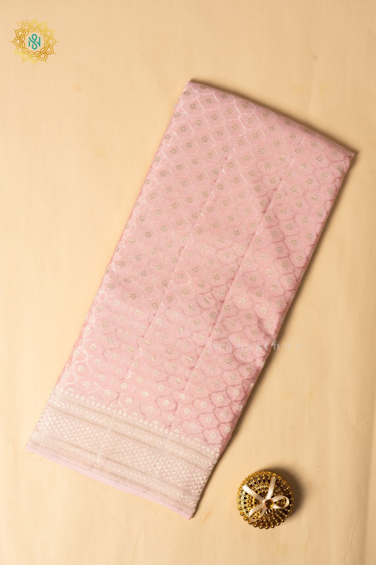 Peachish Pink Pure Banarasi Crepe Silk Allover Zari Geometric Weaves and Woven Border