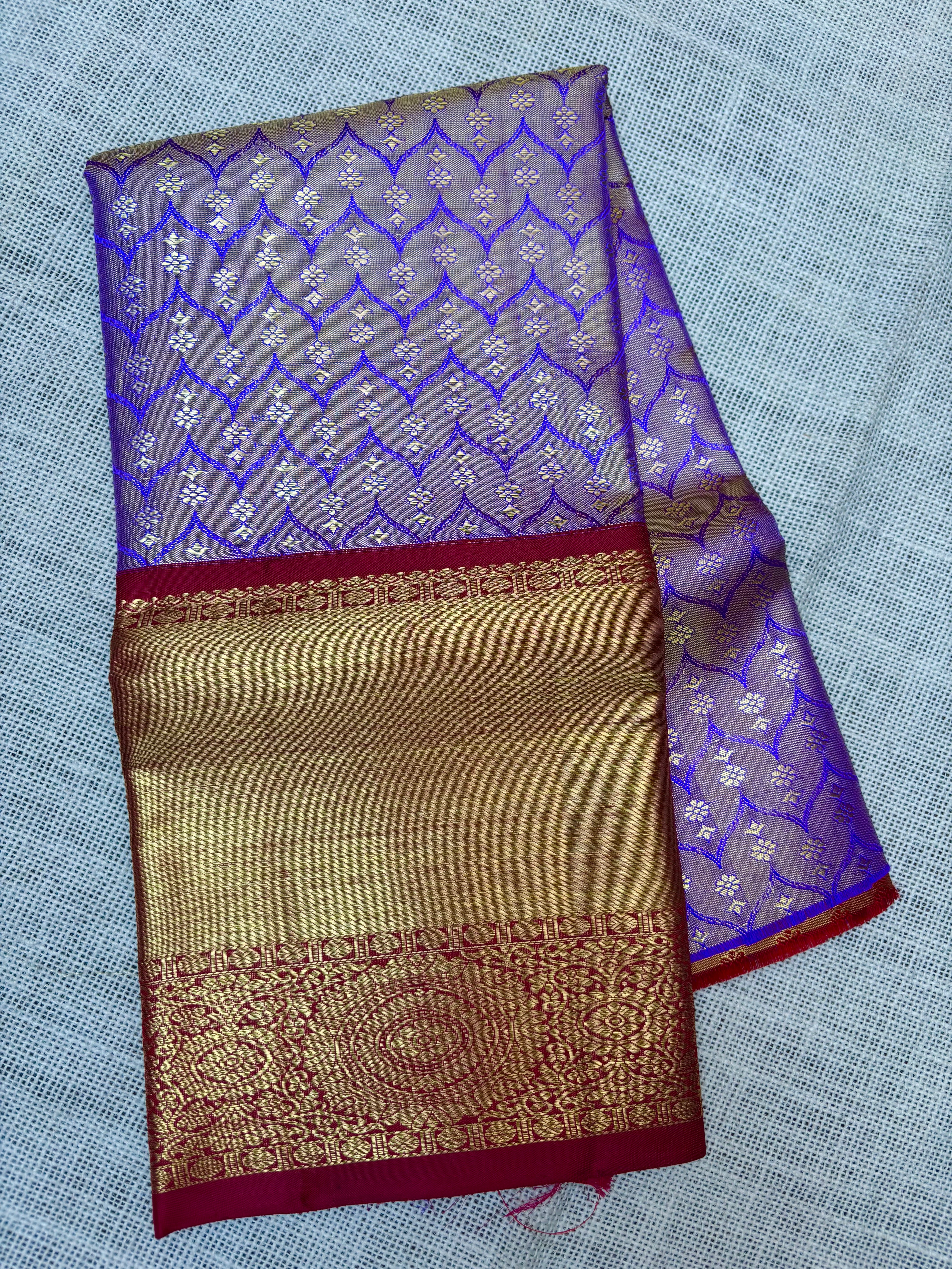 Dual Shade of Blue with Maroon Pure Kanjivaram Silk Unstitched Kids’ Lehenga Fabric with All-Over Zari Brocade and Zari Border