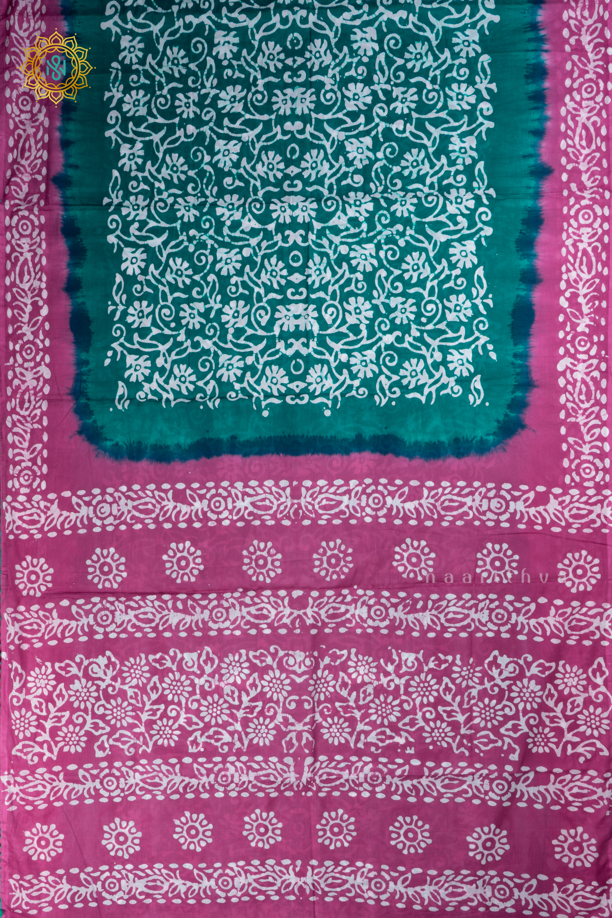 Aqua Green With Pink Printed Cotton Saree With Contrast Border & Pallu