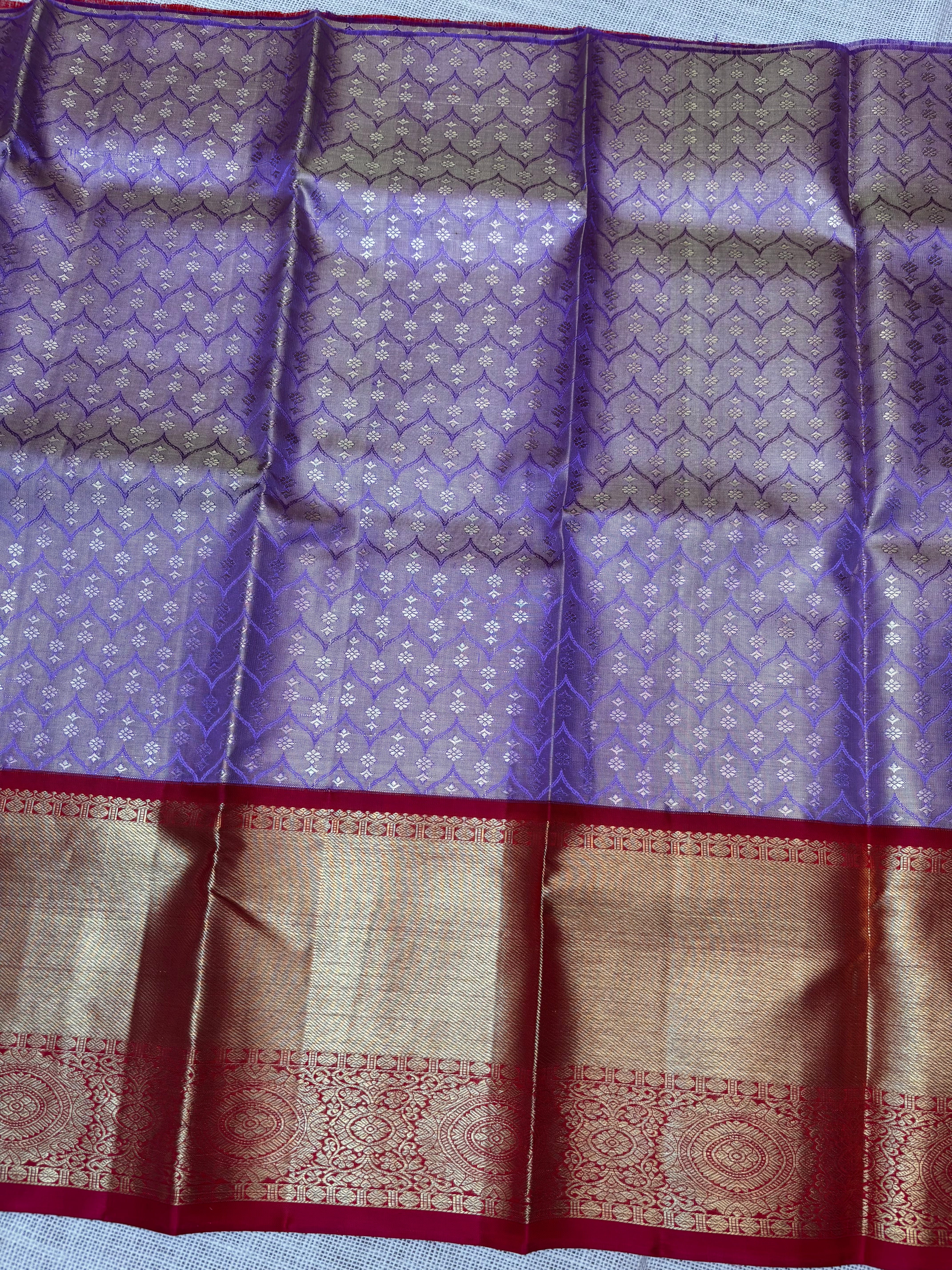 Dual Shade of Blue with Maroon Pure Kanjivaram Silk Unstitched Kids’ Lehenga Fabric with All-Over Zari Brocade and Zari Border