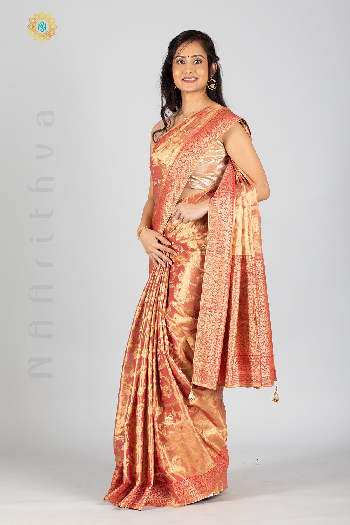 PINK TISSUE SILK IN MEENA WORK ALLOVER THE BODY WITH ZARI WOVEN PALLU & TISSUE BLOUSE