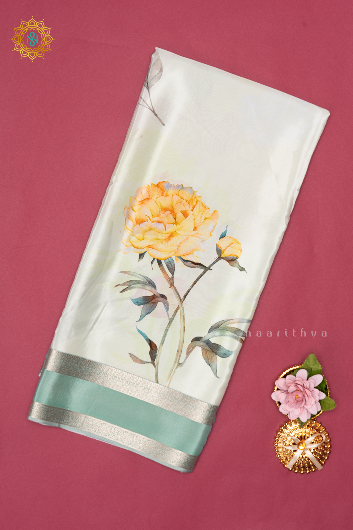 White With Aqua Green Printed Semi Crepe Silk Saree with Contrast Bentex Zari Border