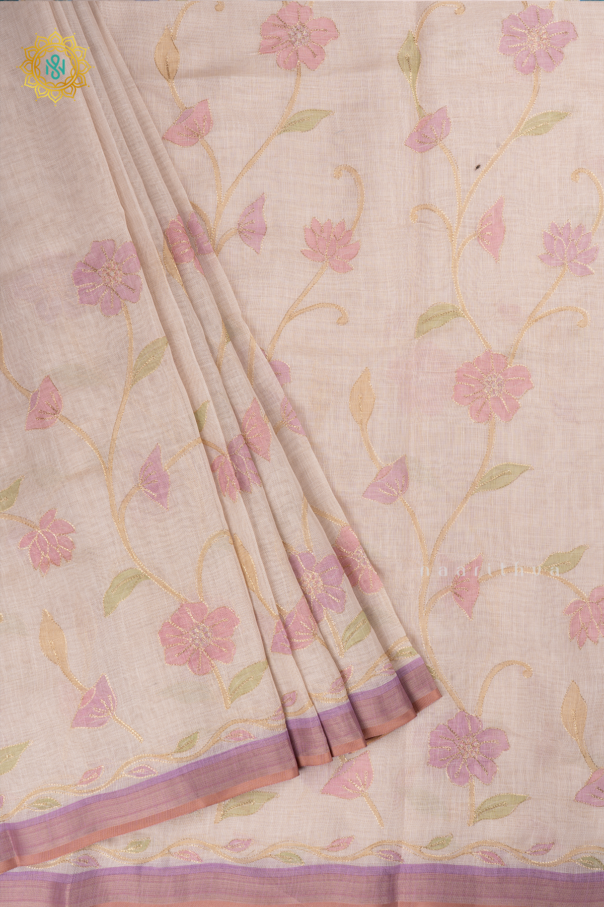 Off White With Lavender Linen Tissue Saree with Aari Floral Work and Tissue Border