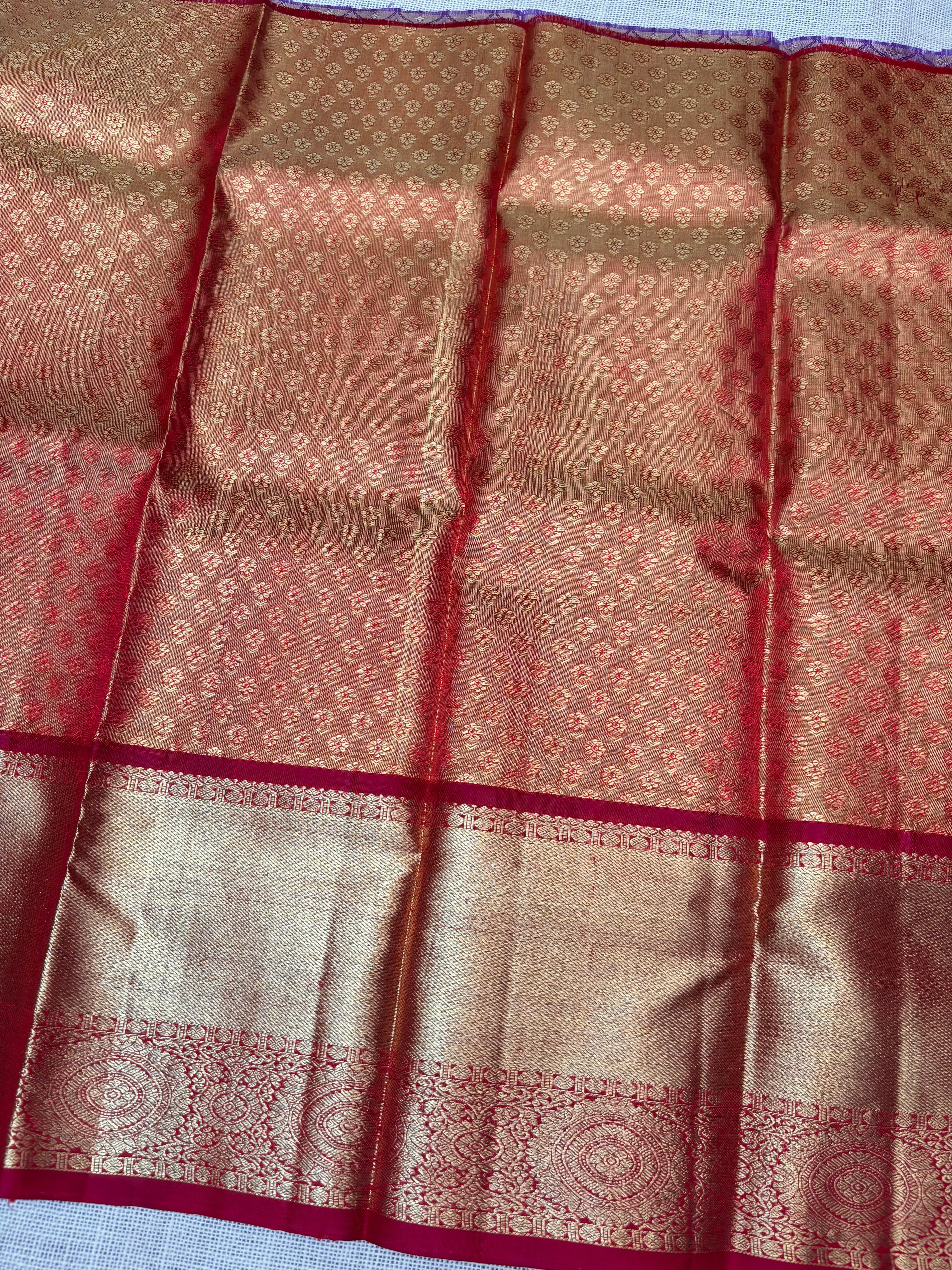 Dual Shade of Blue with Maroon Pure Kanjivaram Silk Unstitched Kids’ Lehenga Fabric with All-Over Zari Brocade and Zari Border