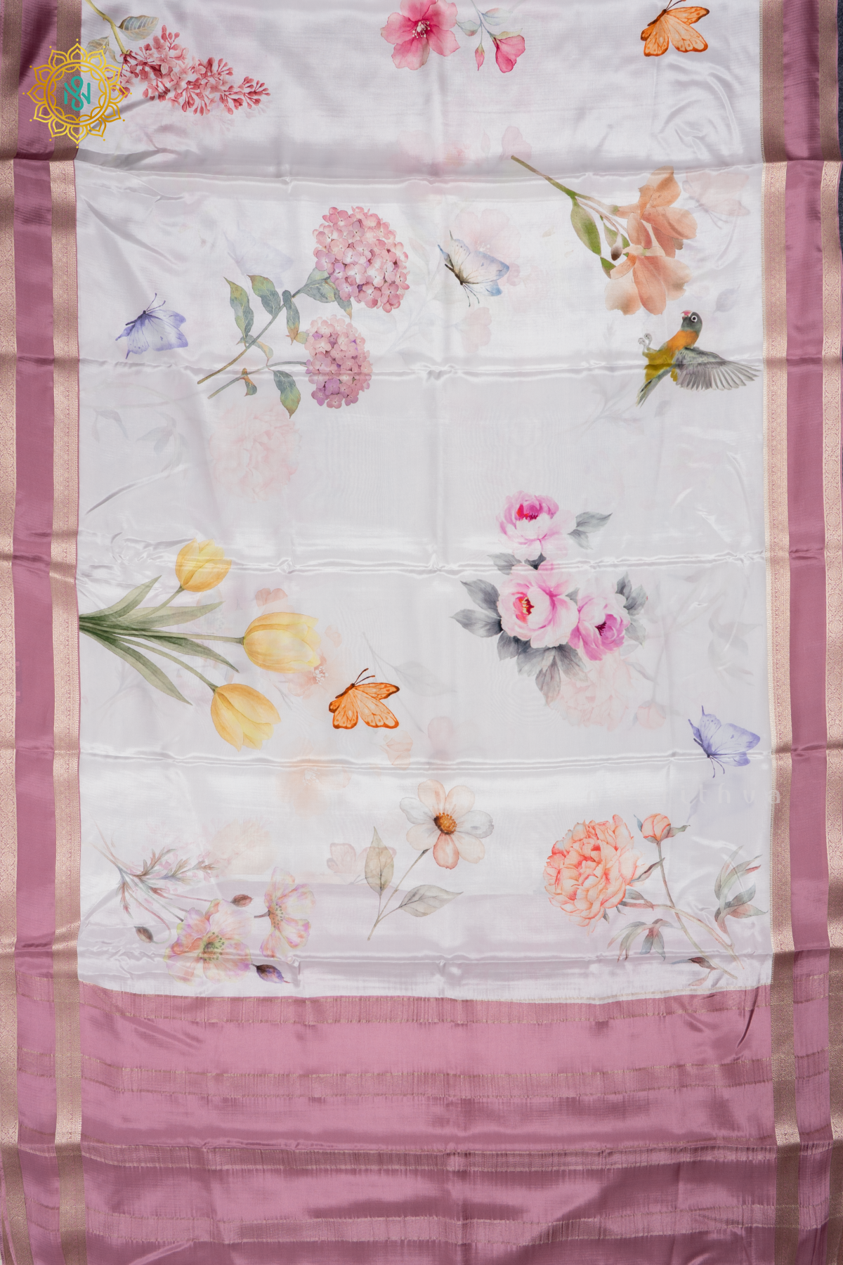 White With Onion Pink Printed Semi Crepe Silk Saree with Contrast Bentex Zari Border
