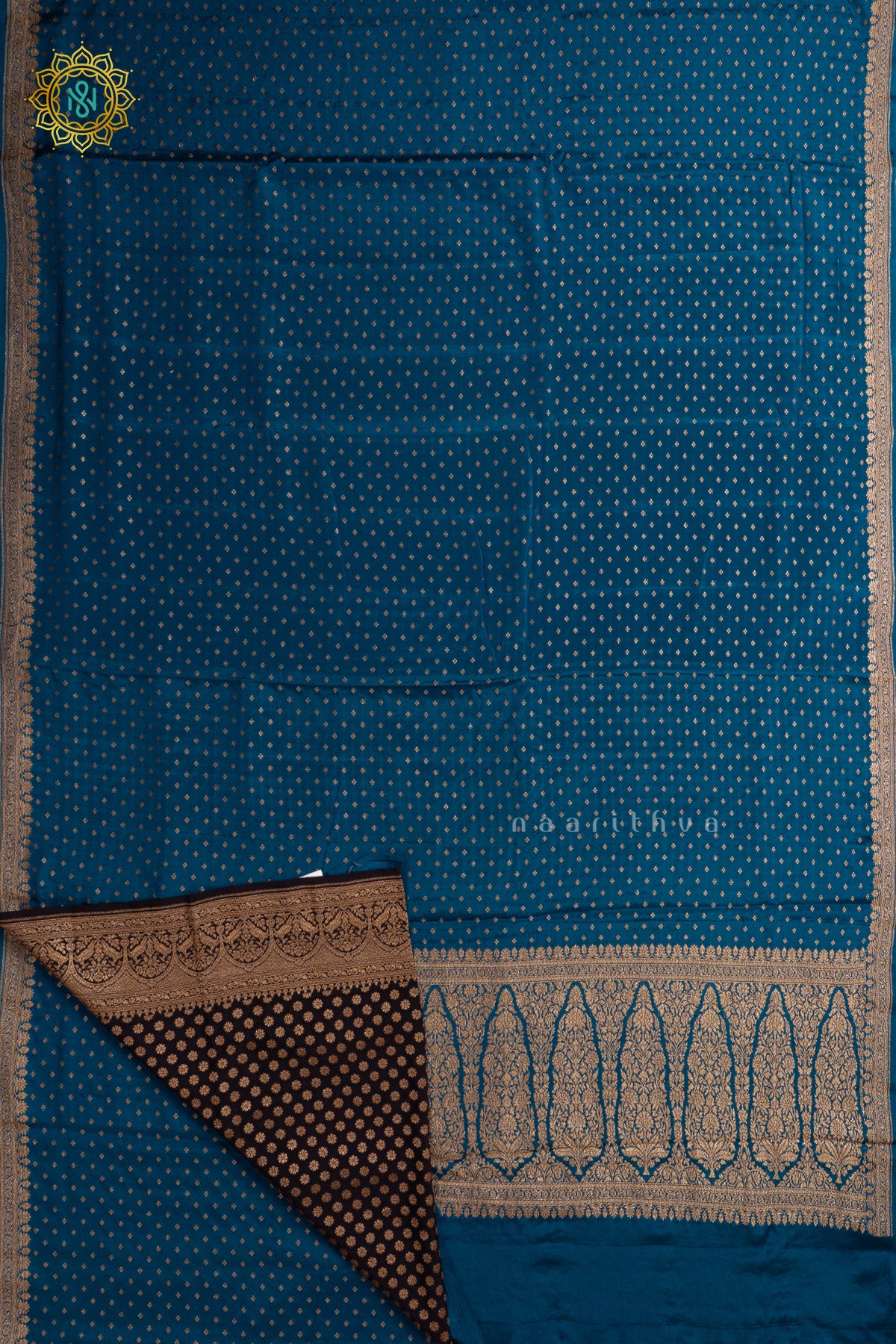 Teal Blue Pure Banrasi Crepe Silk Allover Zari Buttas On The Body With Contrast Zari Border & Pallu