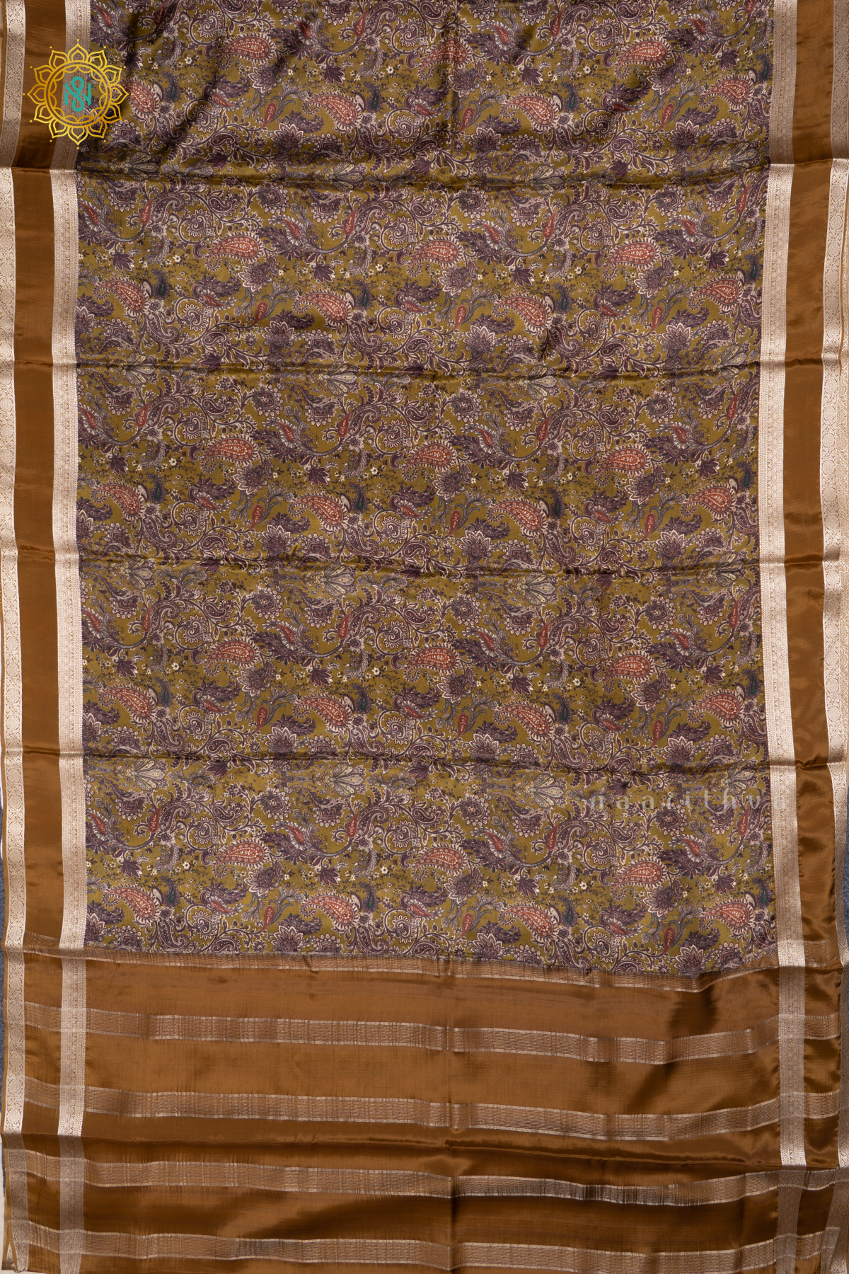 Parrot Green With Mustard Printed Semi Crepe Silk Saree with Contrast Bentex Zari Border