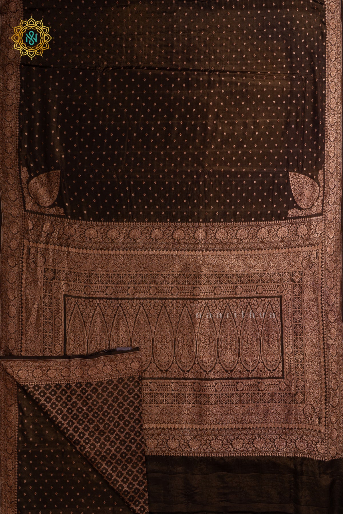 Brown Pure Banarasi Crepe Silk Allover Zari Geometric Weaves and Woven Border