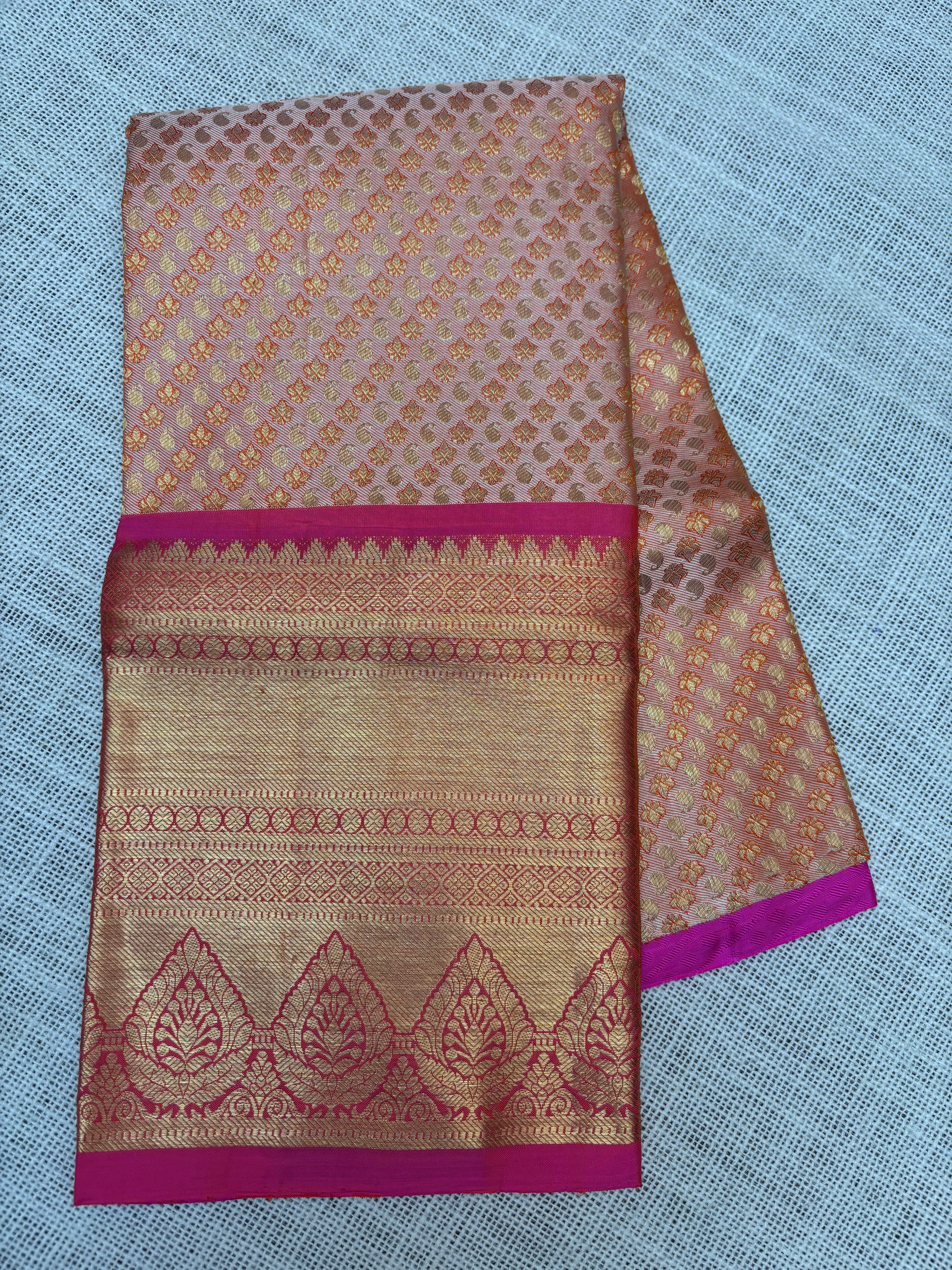 Cream with Pink Pure Kanjivaram Silk Unstitched Kids’ Lehenga Fabric with All-Over Zari Brocade and Zari Border