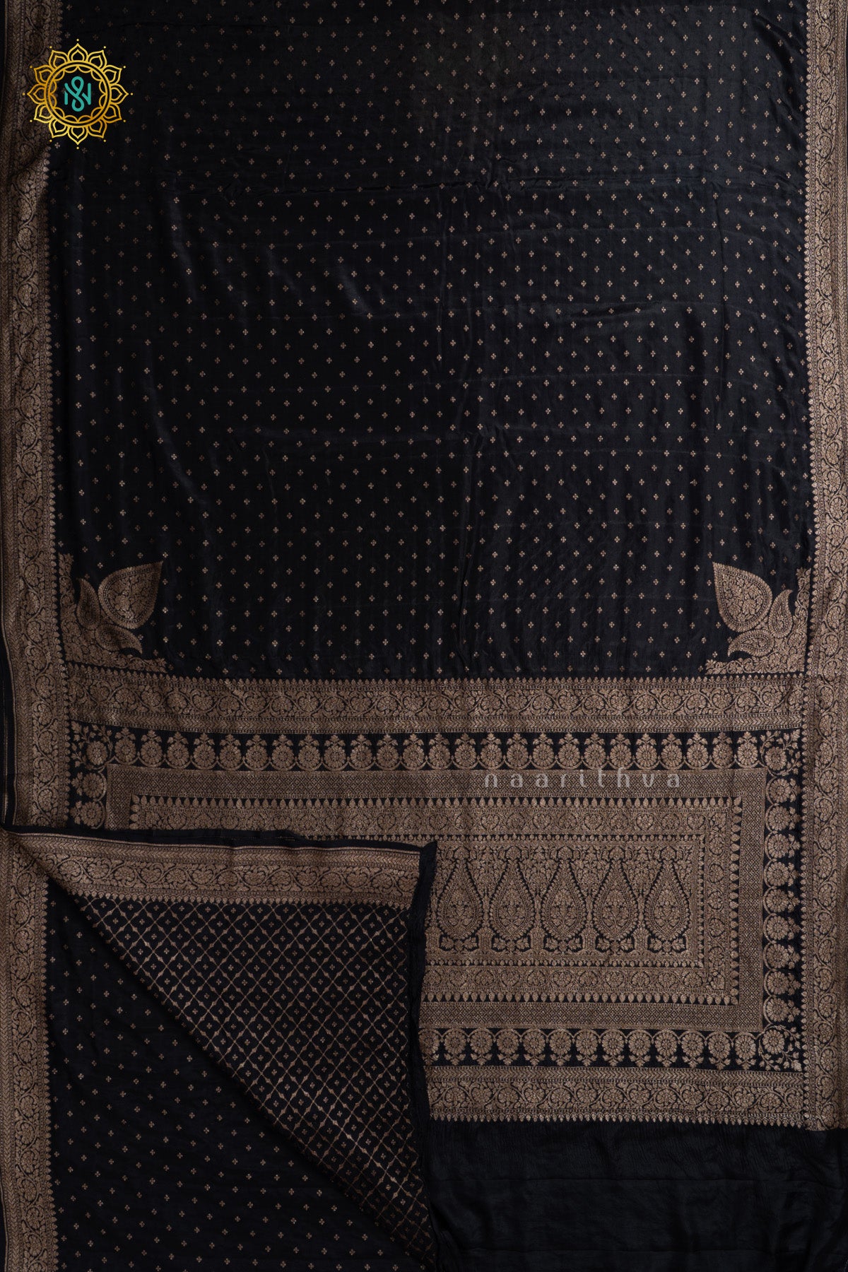 Black Pure Banarasi Crepe Silk Allover Zari Geometric Weaves and Woven Border