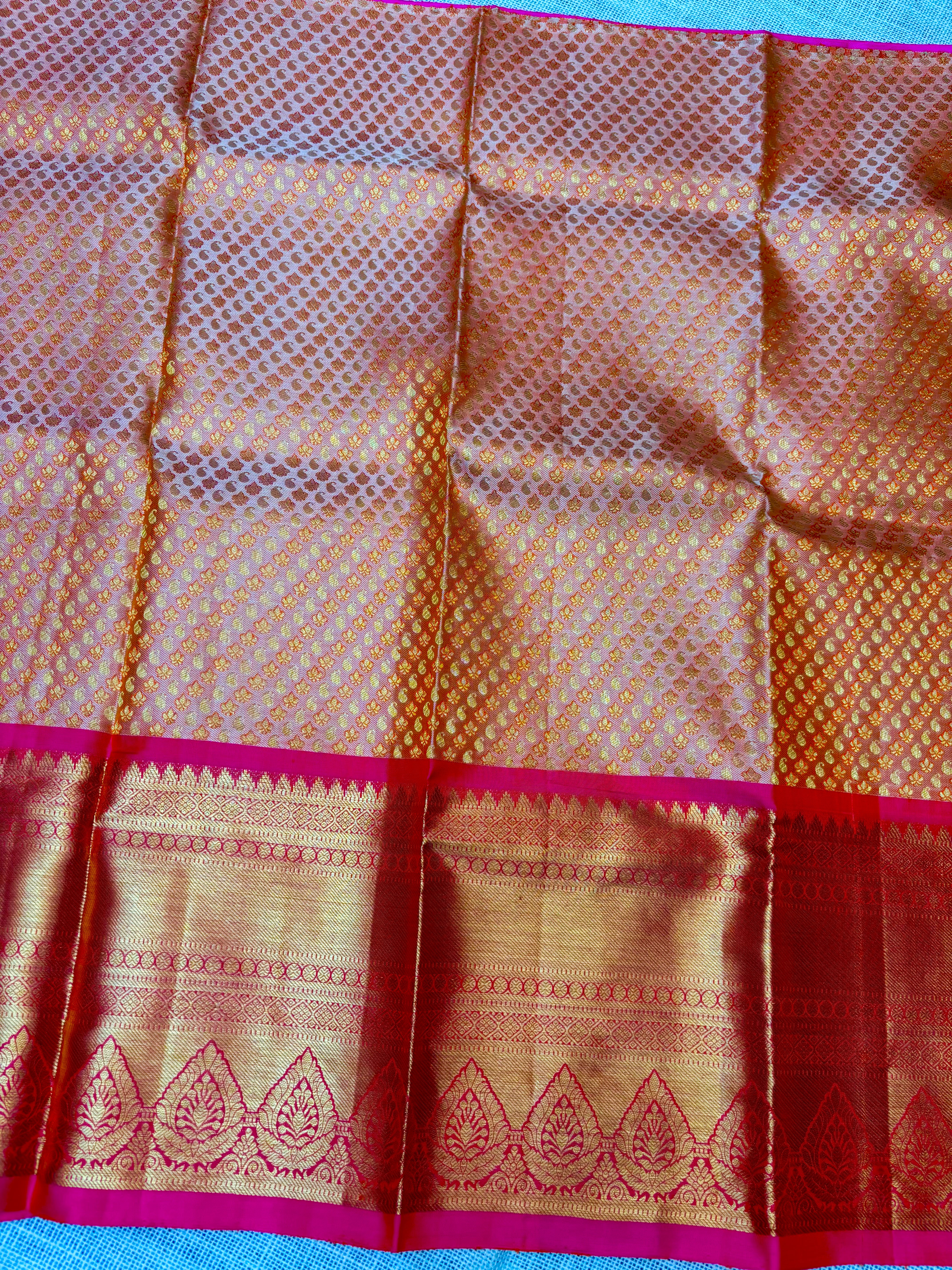 Cream with Pink Pure Kanjivaram Silk Unstitched Kids’ Lehenga Fabric with All-Over Zari Brocade and Zari Border