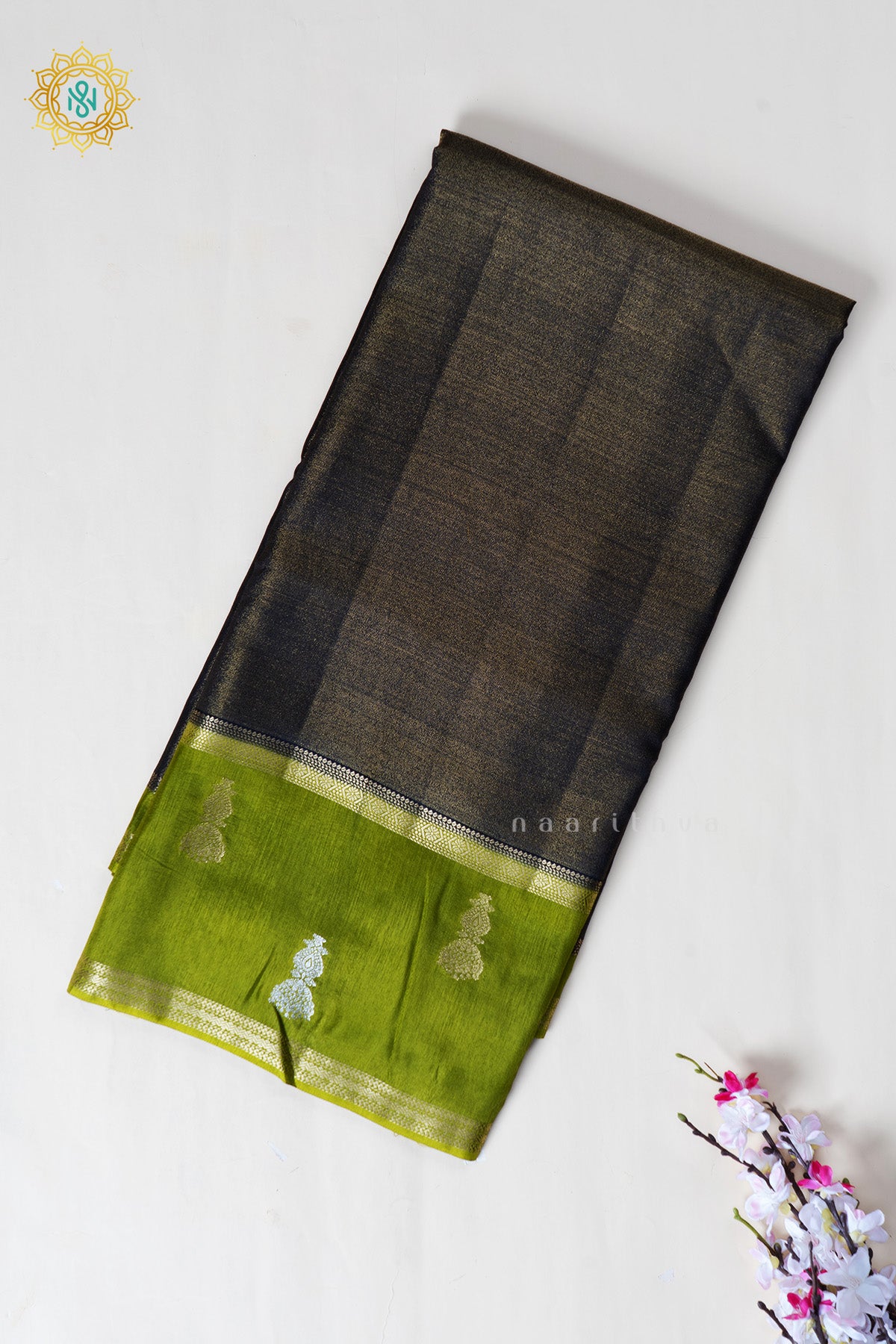 Black With Lime Green Semi Crepe Silk Saree with Tissue Body & Zari Jhumka Buttas on Contrast Border