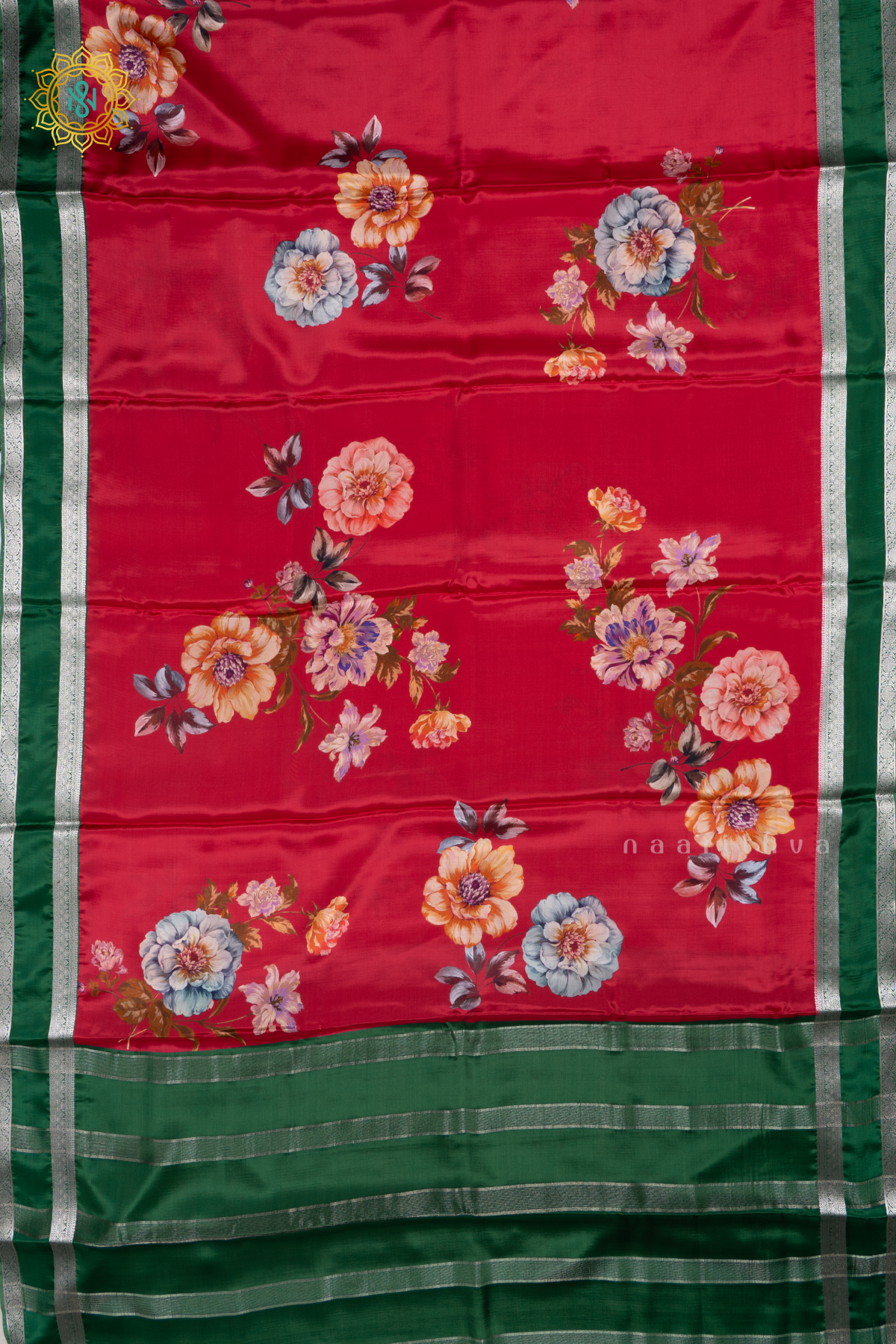 Red With Green Printed Semi Crepe Silk Saree with Contrast Bentex Zari Border