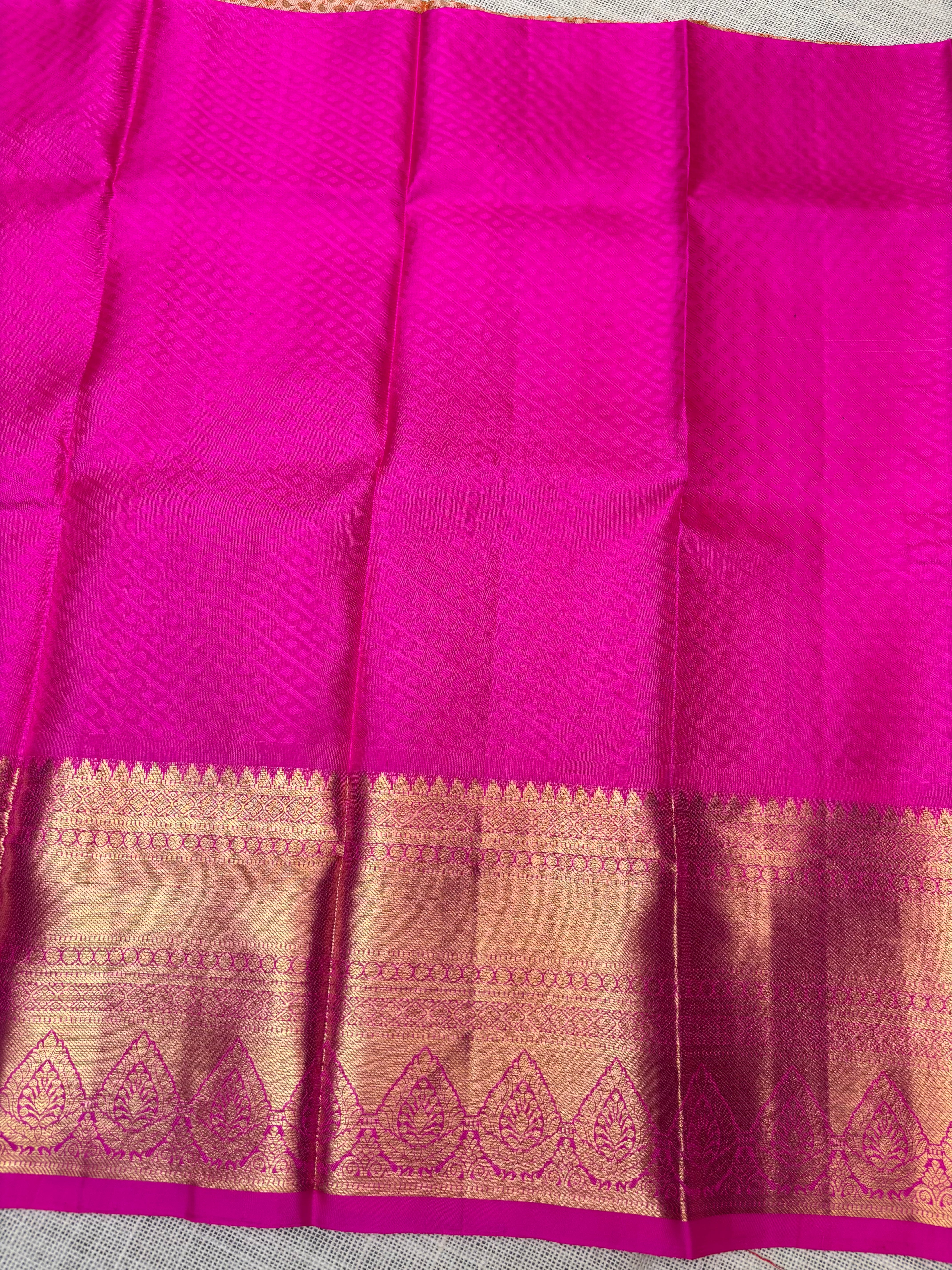 Cream with Pink Pure Kanjivaram Silk Unstitched Kids’ Lehenga Fabric with All-Over Zari Brocade and Zari Border