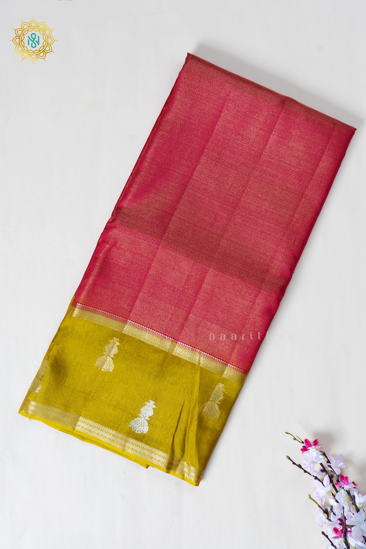 Pink With Lemon Yellow Semi Crepe Silk Saree with Tissue Body & Zari Jhumka Buttas on Contrast Border