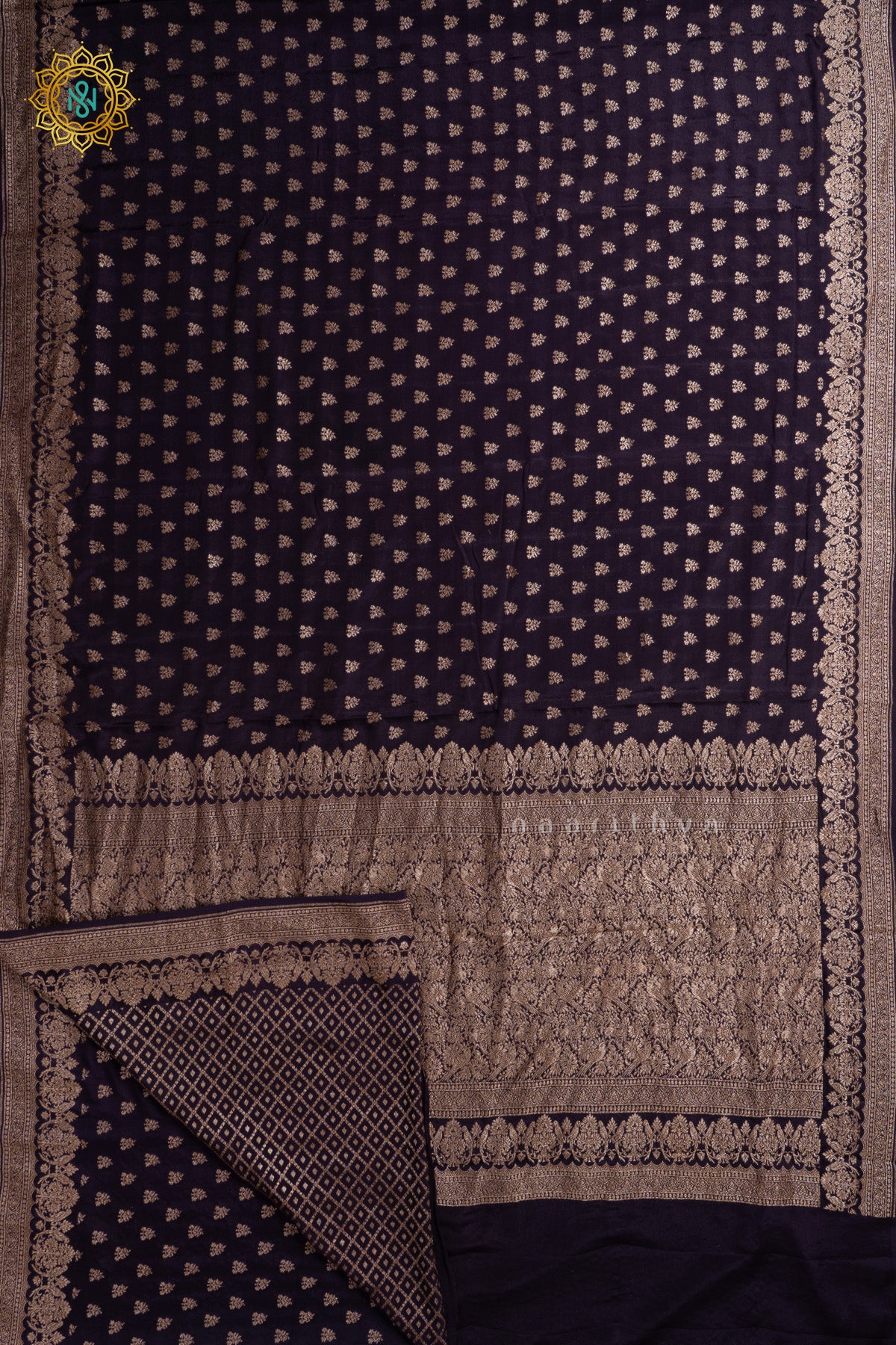 Brown Pure Banrasi Crepe Silk Allover Zari Buttas On The Body With Contrast Zari Border & Pallu