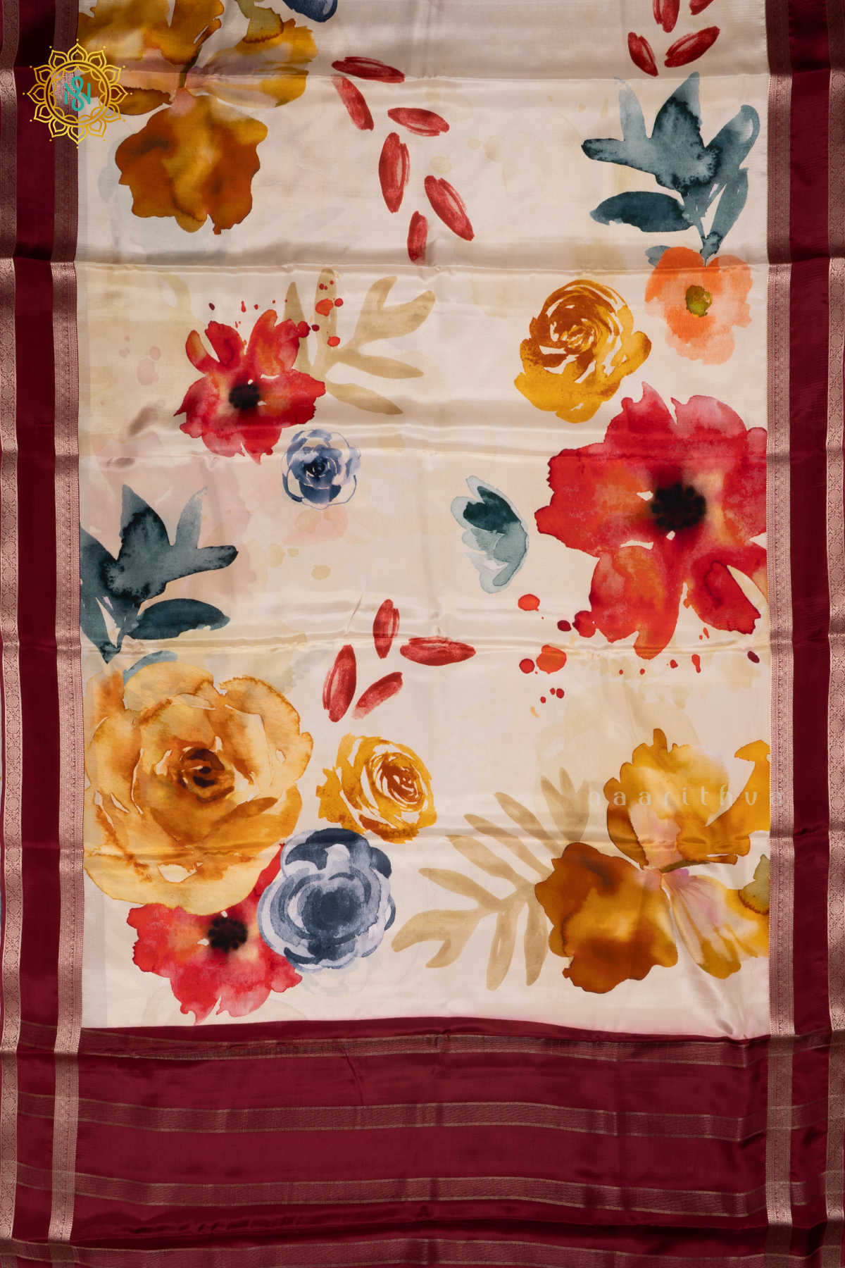 Off White With Maroon Printed Semi Crepe Silk Saree with Contrast Bentex Zari Border