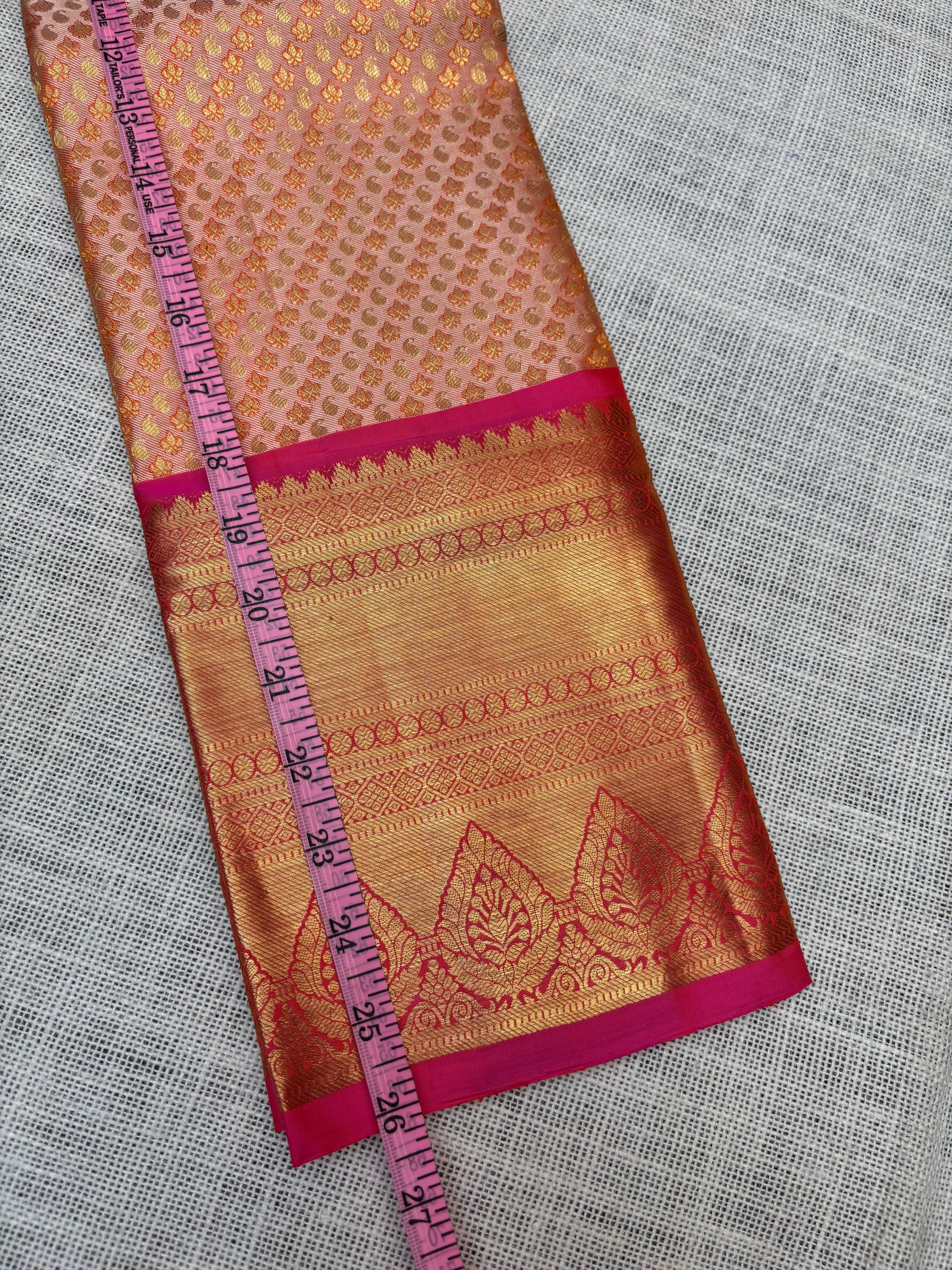 Cream with Pink Pure Kanjivaram Silk Unstitched Kids’ Lehenga Fabric with All-Over Zari Brocade and Zari Border